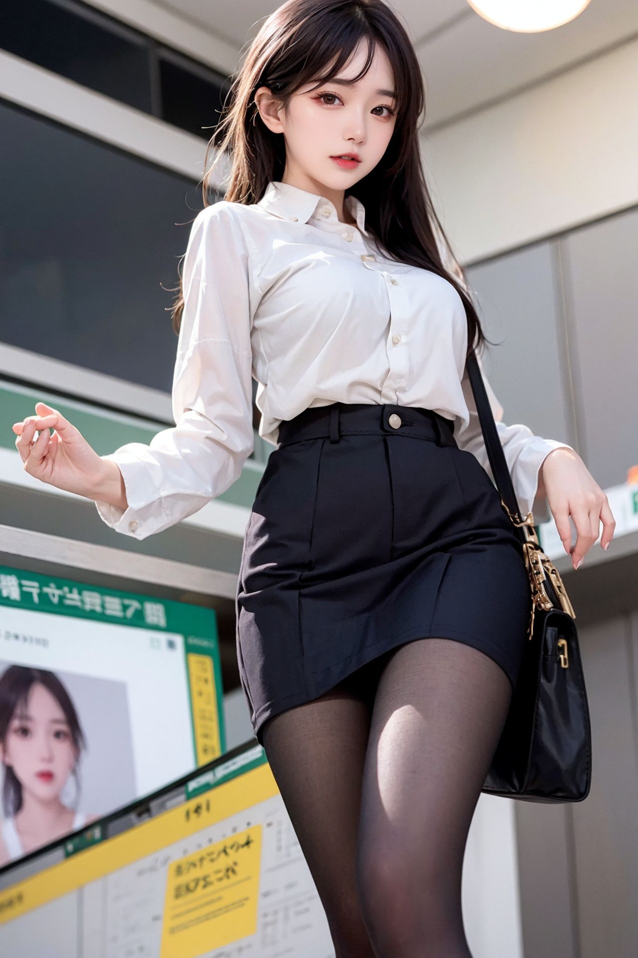 Ảnh chụp đường phố: Thiếu nữ ngây thơ mặc váy xếp ly và tất đen.