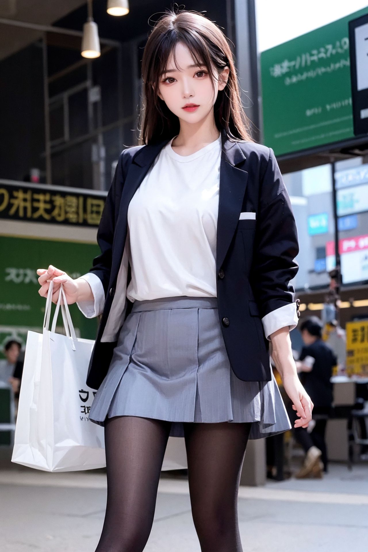 Ảnh chụp đường phố: Thiếu nữ ngây thơ mặc váy xếp ly và tất đen.
