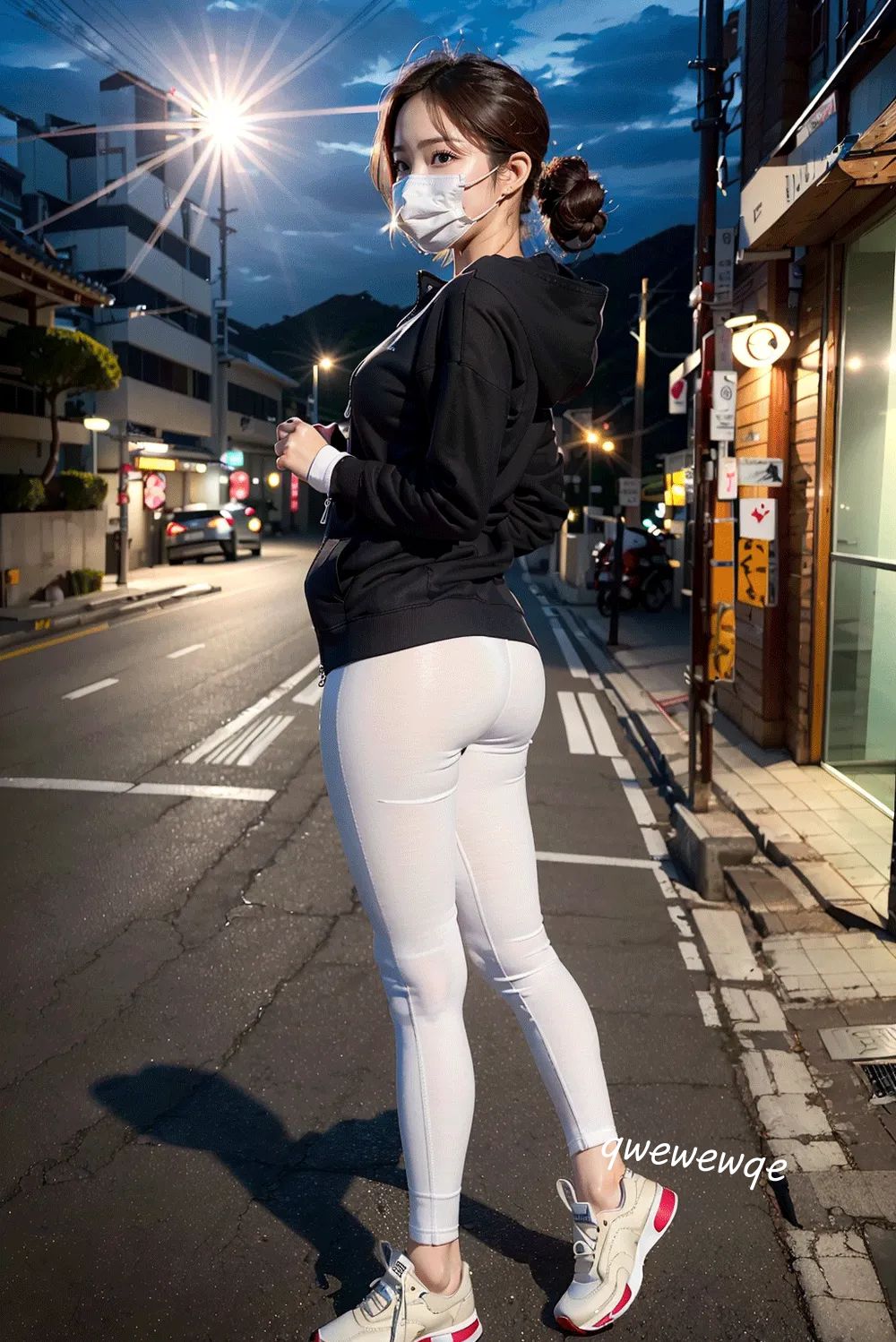 Chụp ảnh đường phố buổi tối: Cô gái cao ráo xinh đẹp mặc quần legging màu trắng.