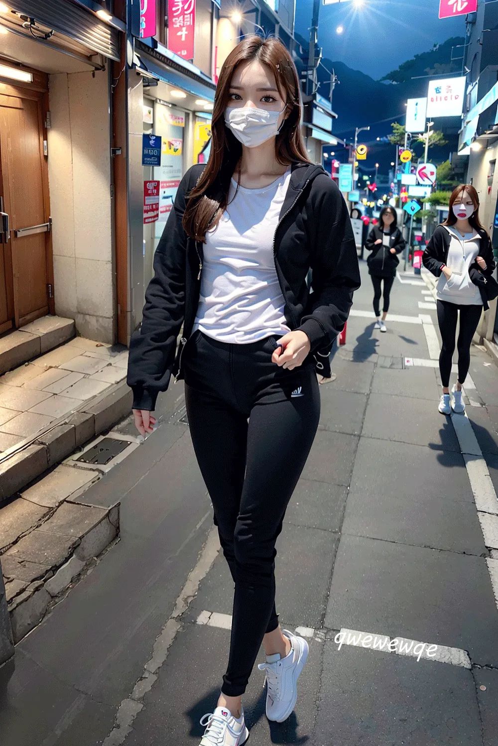 Chụp ảnh đường phố buổi tối: Cô gái cao ráo xinh đẹp mặc quần legging màu trắng.