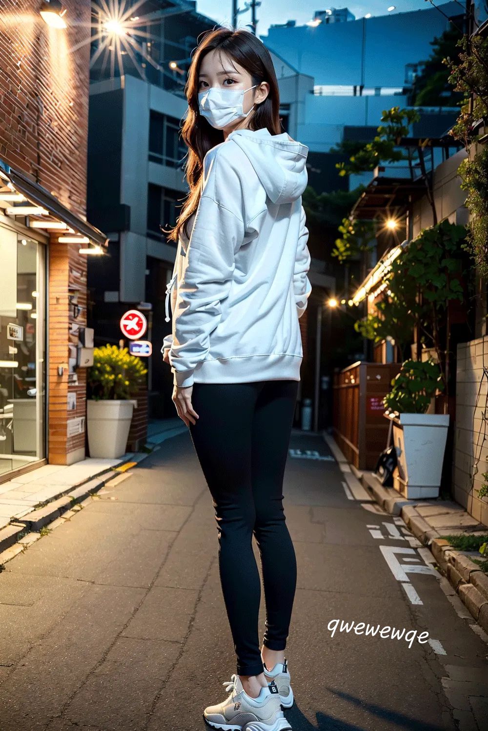 Chụp ảnh đường phố buổi tối: Cô gái cao ráo xinh đẹp mặc quần legging màu trắng.