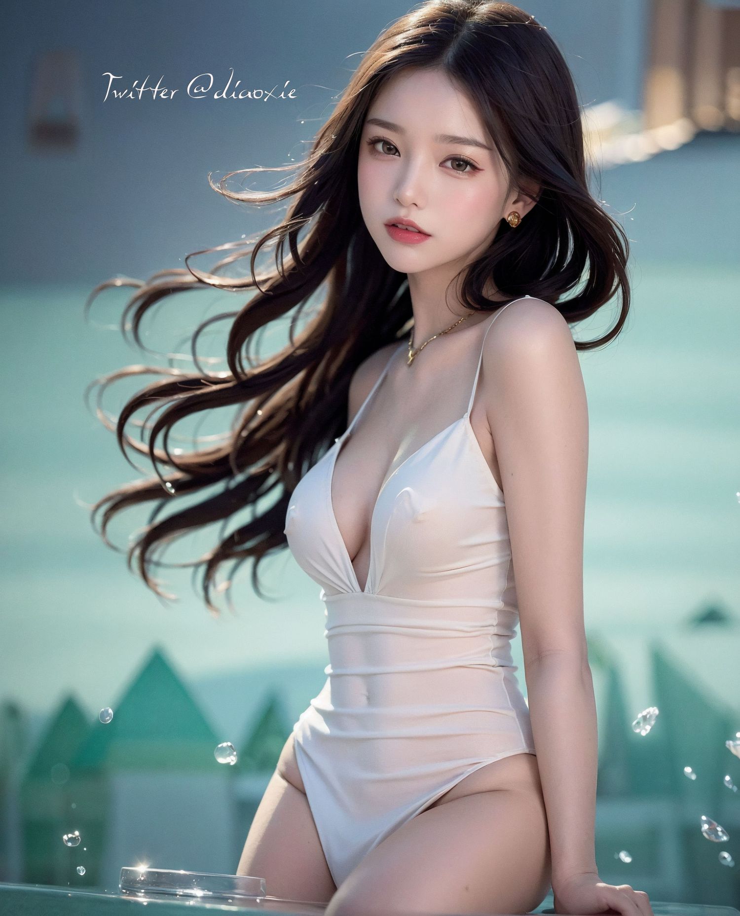 เอไอ สาวผมยาวชุดผ้าขาวบางริมทะเล