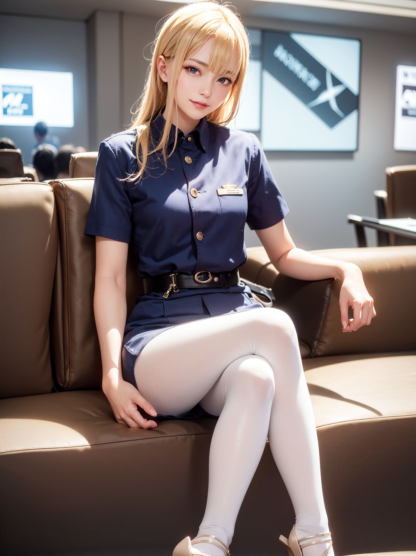 白いストッキングの美しい脚、金髪のフライトアテンダント、杏のような目がぼんやりと