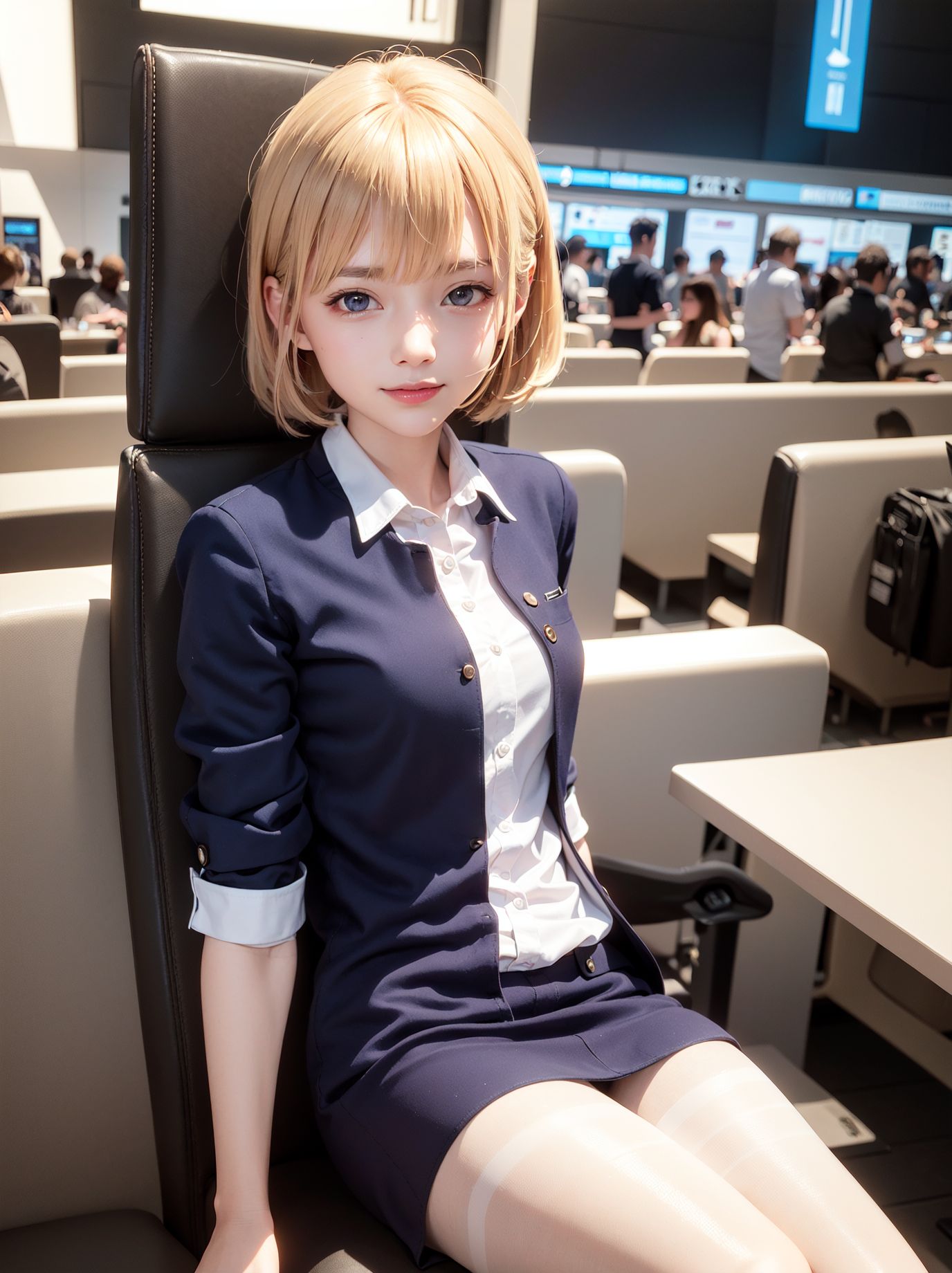 白いストッキングの美しい脚、金髪のフライトアテンダント、杏のような目がぼんやりと