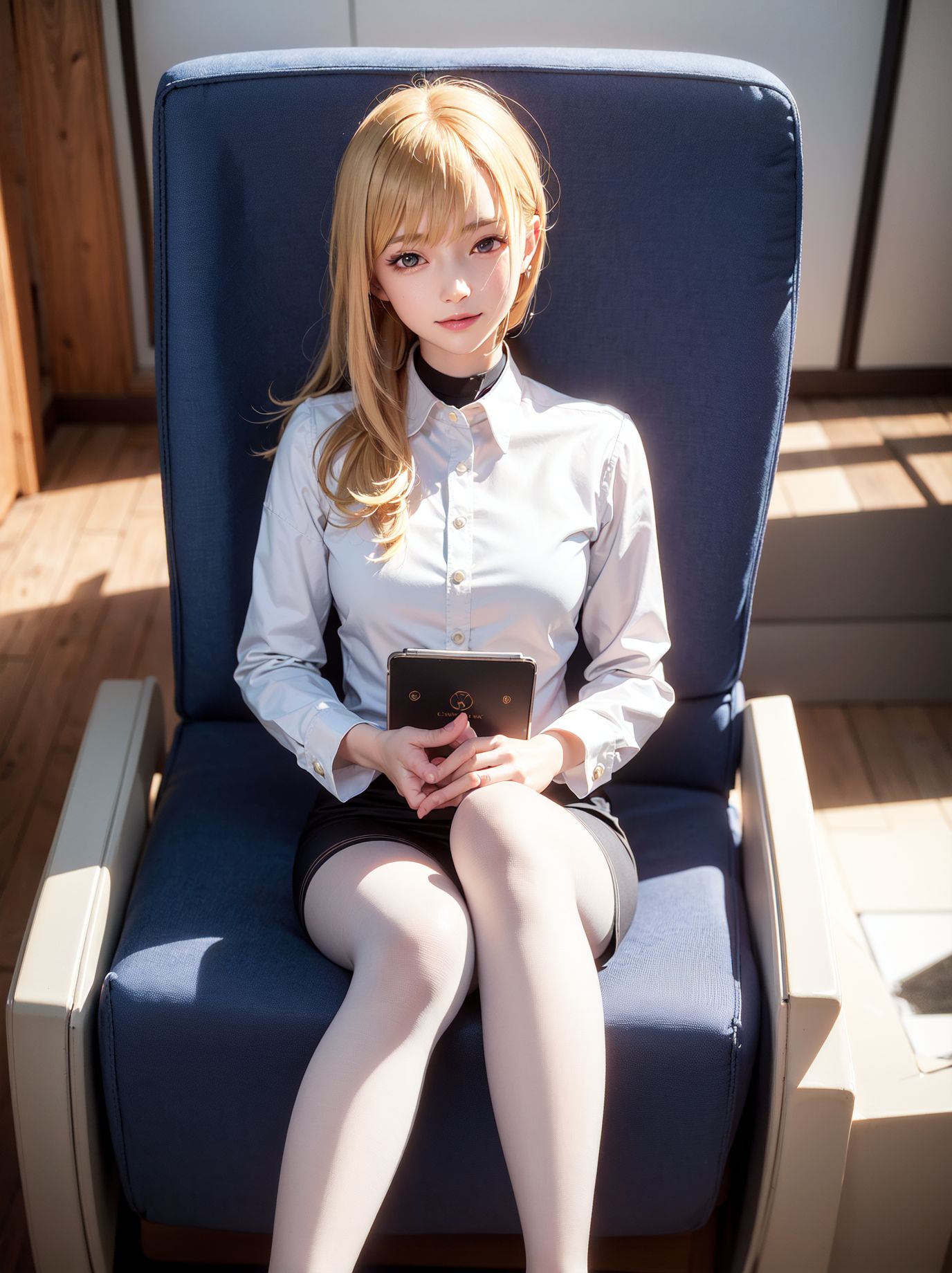 白いストッキングの美しい脚、金髪のフライトアテンダント、杏のような目がぼんやりと