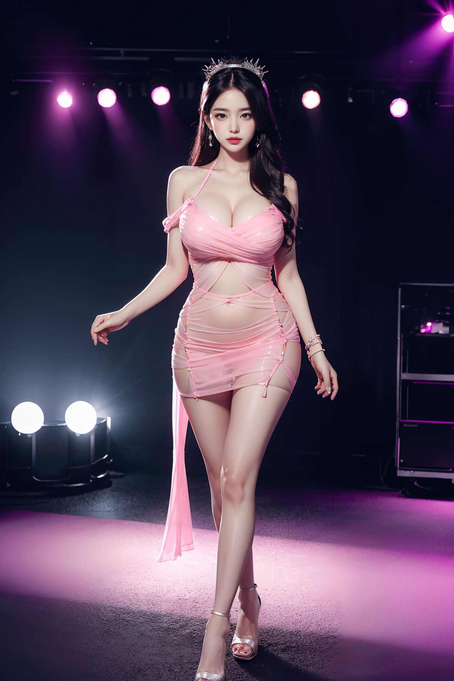 Người mẫu thanh khiết, vóc dáng đầy đặn trên sàn T, mặc váy siêu ngắn màu hồng.