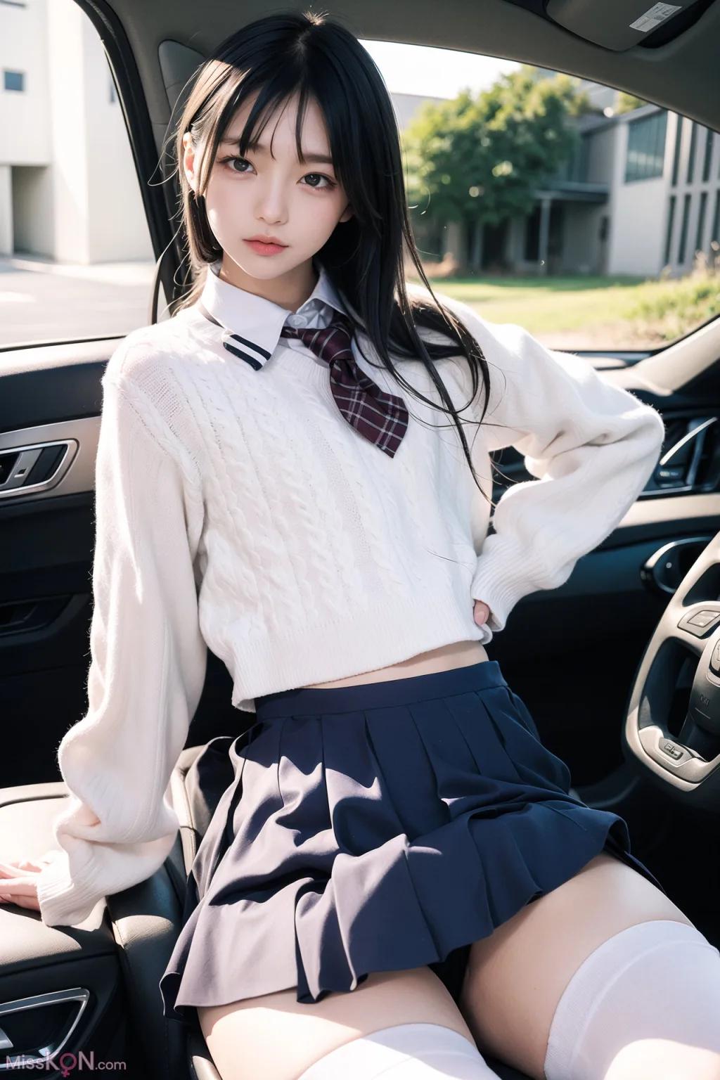 AI สร้าง] AI หญิงสาวสวยในรถ สวมถุงน่อง โชว์ภาพนู้ด (160 ภาพ)