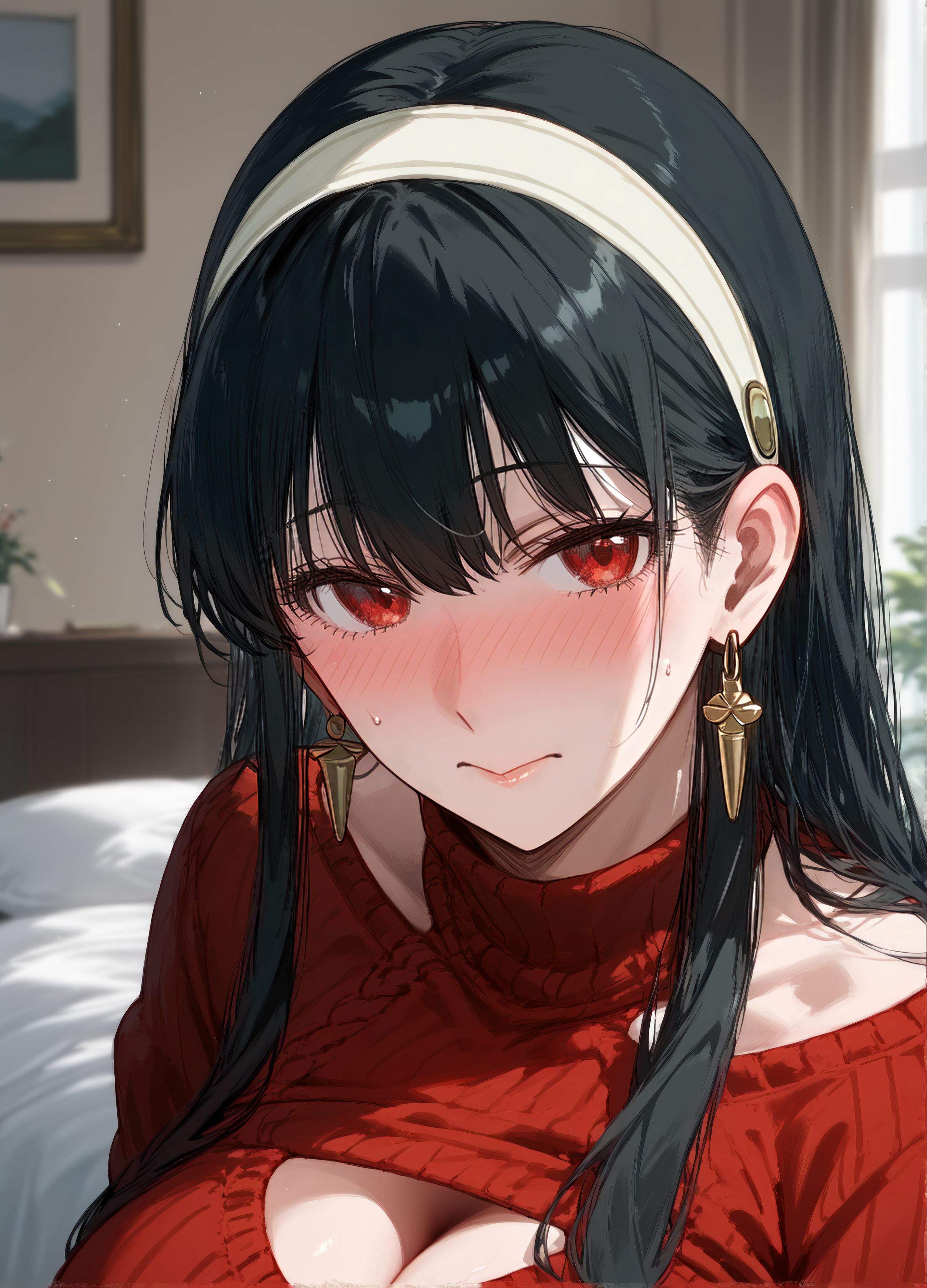 AI Generated - Anime Girl Yor Forger 红裙黑丝蕾丝吊带袜 致命诱惑卧室系列 185P