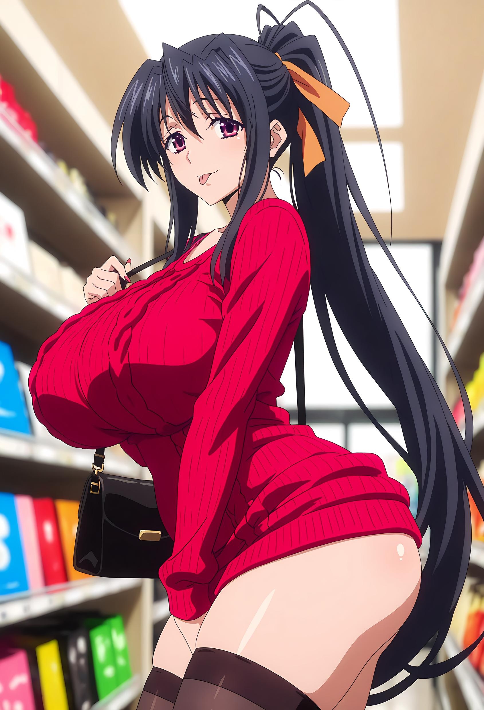 AI Generated Anime Girl - [2D] 姬岛朱乃 Himejima Akeno 黑发巫女装开档黑丝 紫电S调教 巨乳肉感无修正 32P