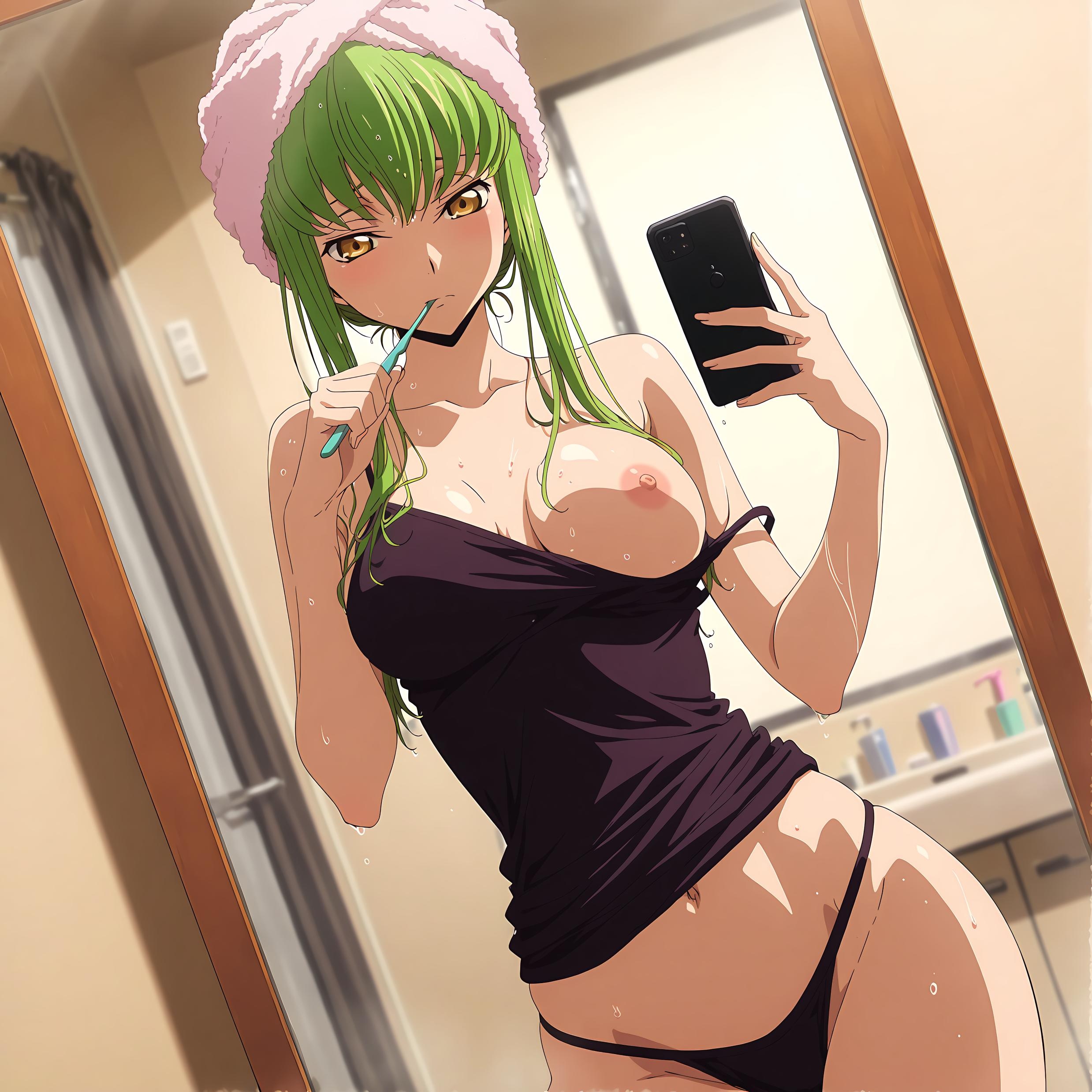 AI Generated Anime Girl - [2D] C.C. (Code Geass) 绿色长发 白色拘束衣开档黑丝 神秘诱惑无修正 30P