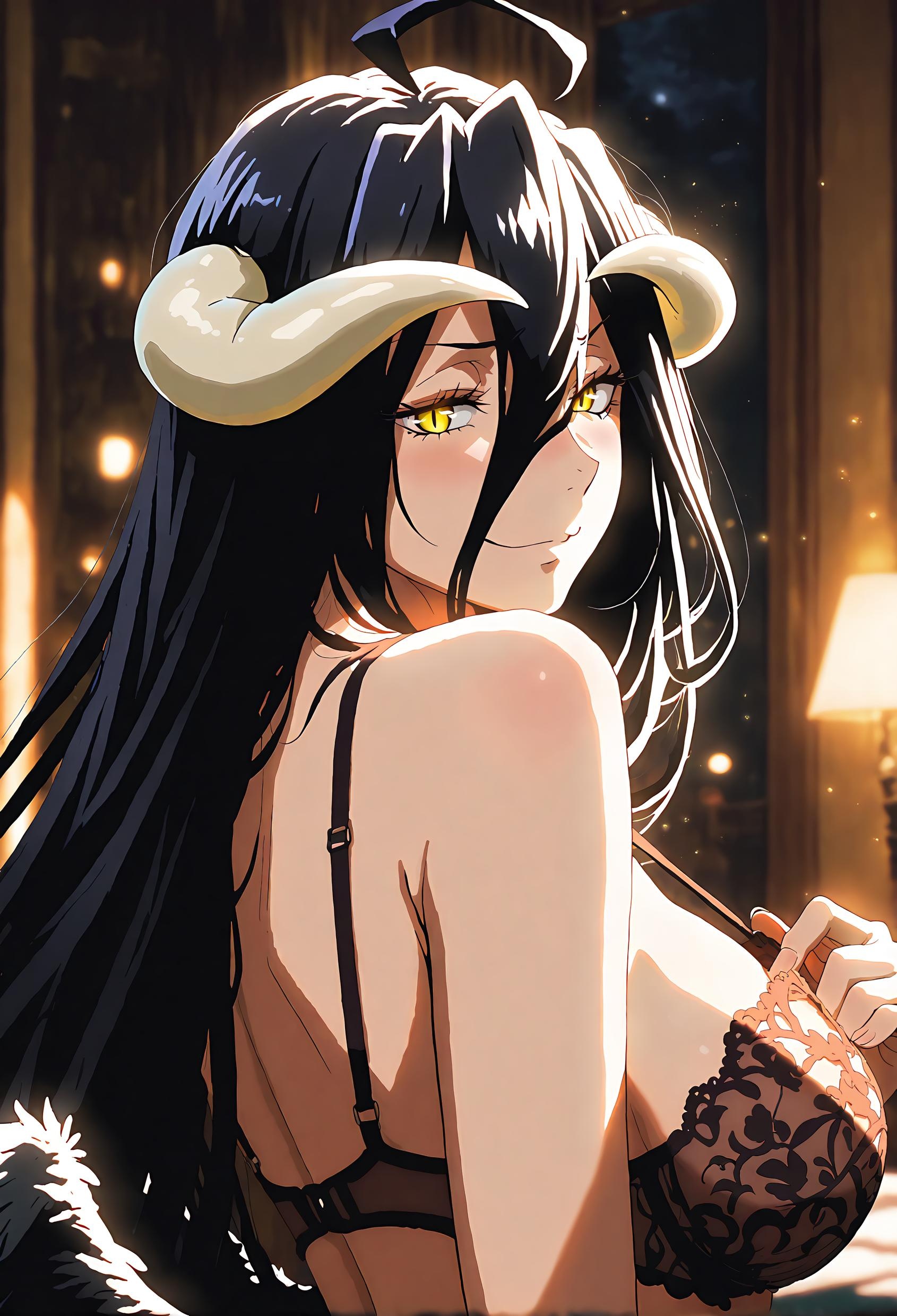 AI Generated Anime Girl - 雅儿贝德 Albedo 纯白恶魔女仆 黑丝吊带开裆 翅膀全开 肉感无修正 49P