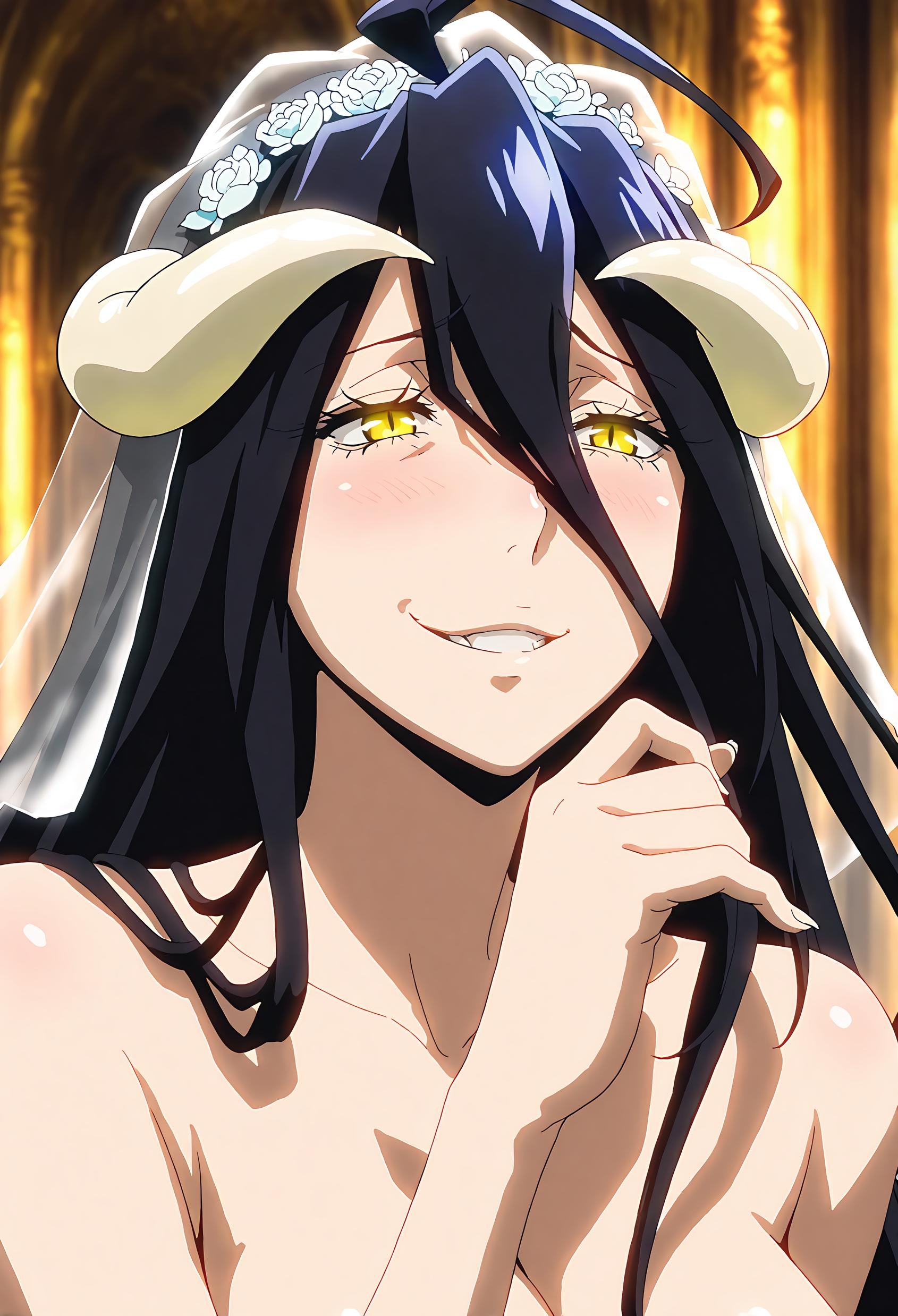 AI Generated Anime Girl - 雅儿贝德 Albedo 纯白恶魔女仆 黑丝吊带开裆 翅膀全开 肉感无修正 49P