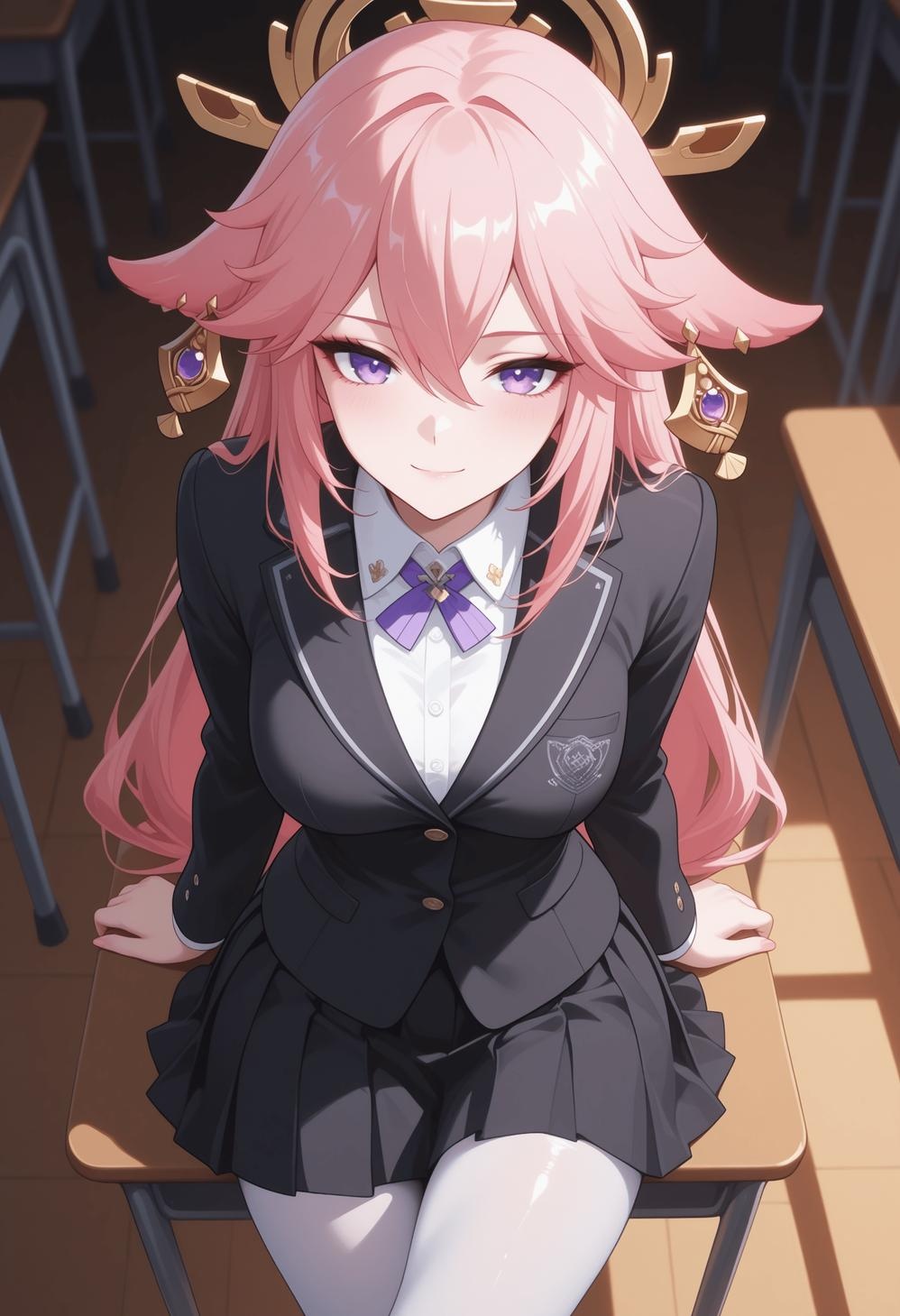AI Generated Anime Girl - [2.5D] 八重神子 Yae Miko 粉发狐耳巫女装开档黑丝 尾巴缠绕肉感无修正 140P