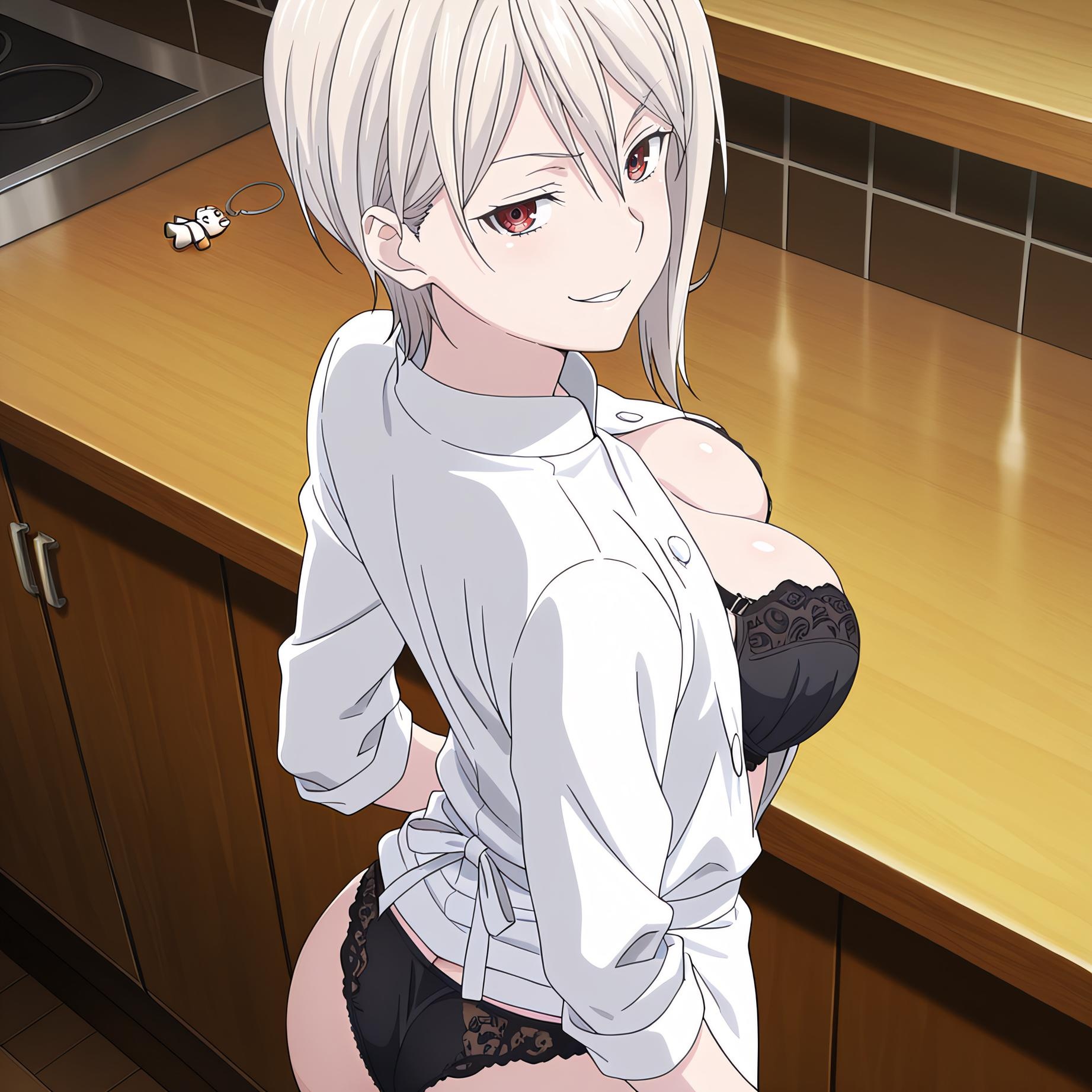 AI Generated Anime Girl - [2D] 薙切爱丽丝 Alice Nakiri 白发巨乳料理大小姐 裸围裙开档黑丝 极致肉感无修正 110P