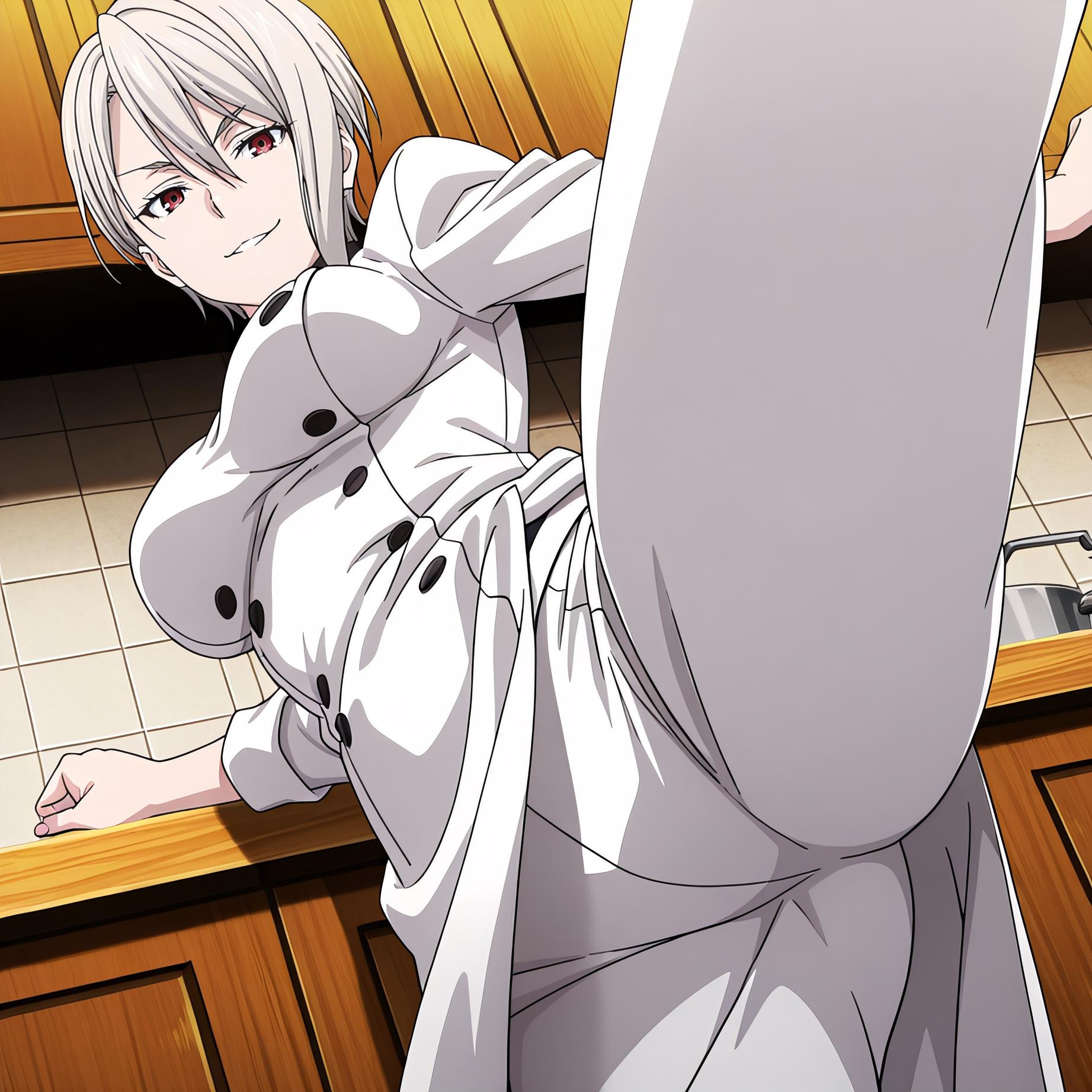 AI Generated Anime Girl - [2D] 薙切爱丽丝 Alice Nakiri 白发巨乳料理大小姐 裸围裙开档黑丝 极致肉感无修正 110P