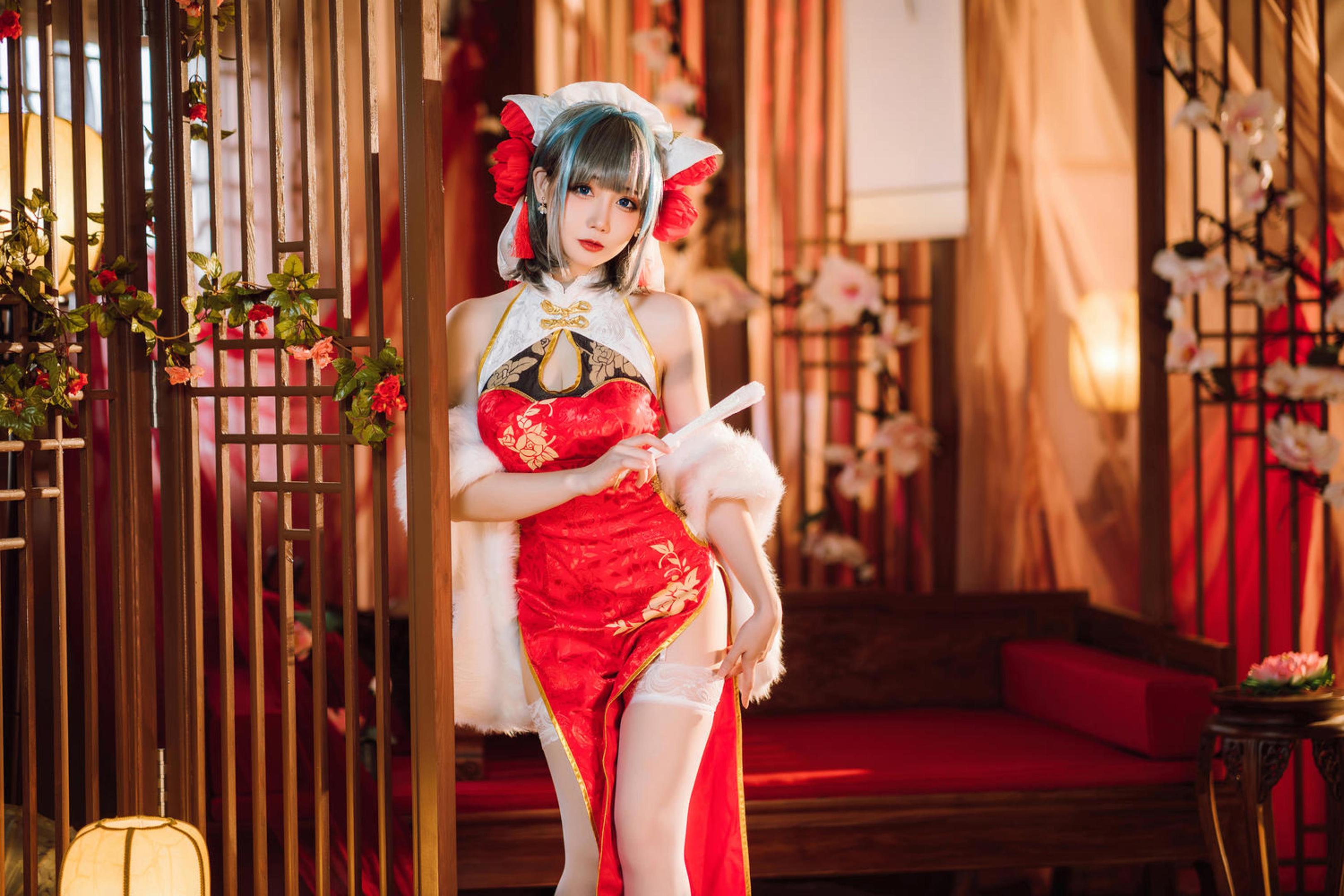 [cosplay] 焖焖碳 - cos 柴郡：真人写实碧蓝航线猫娘 银发猫耳撕裂旗袍巨乳白丝开档 极致诱惑堕落无修正 29P