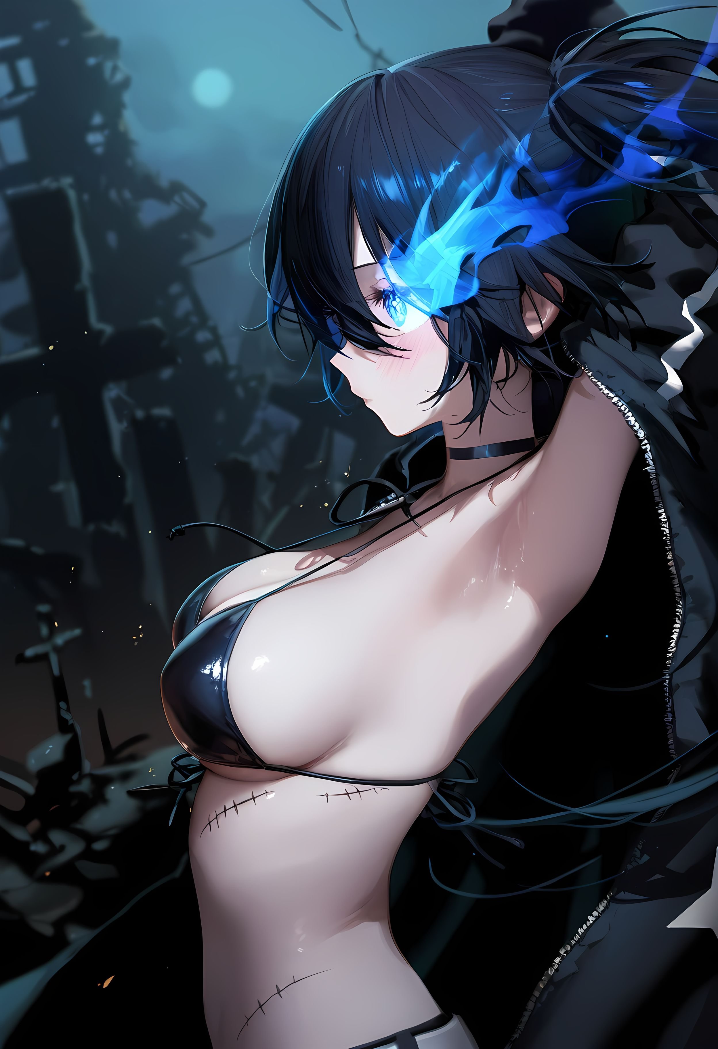 AI Generated Anime Girl - [2D] 黑岩射手：原创动漫黑发蓝眼战斗少女 武器失控的蓝色魅惑 战斗少女的疯狂射击 263P