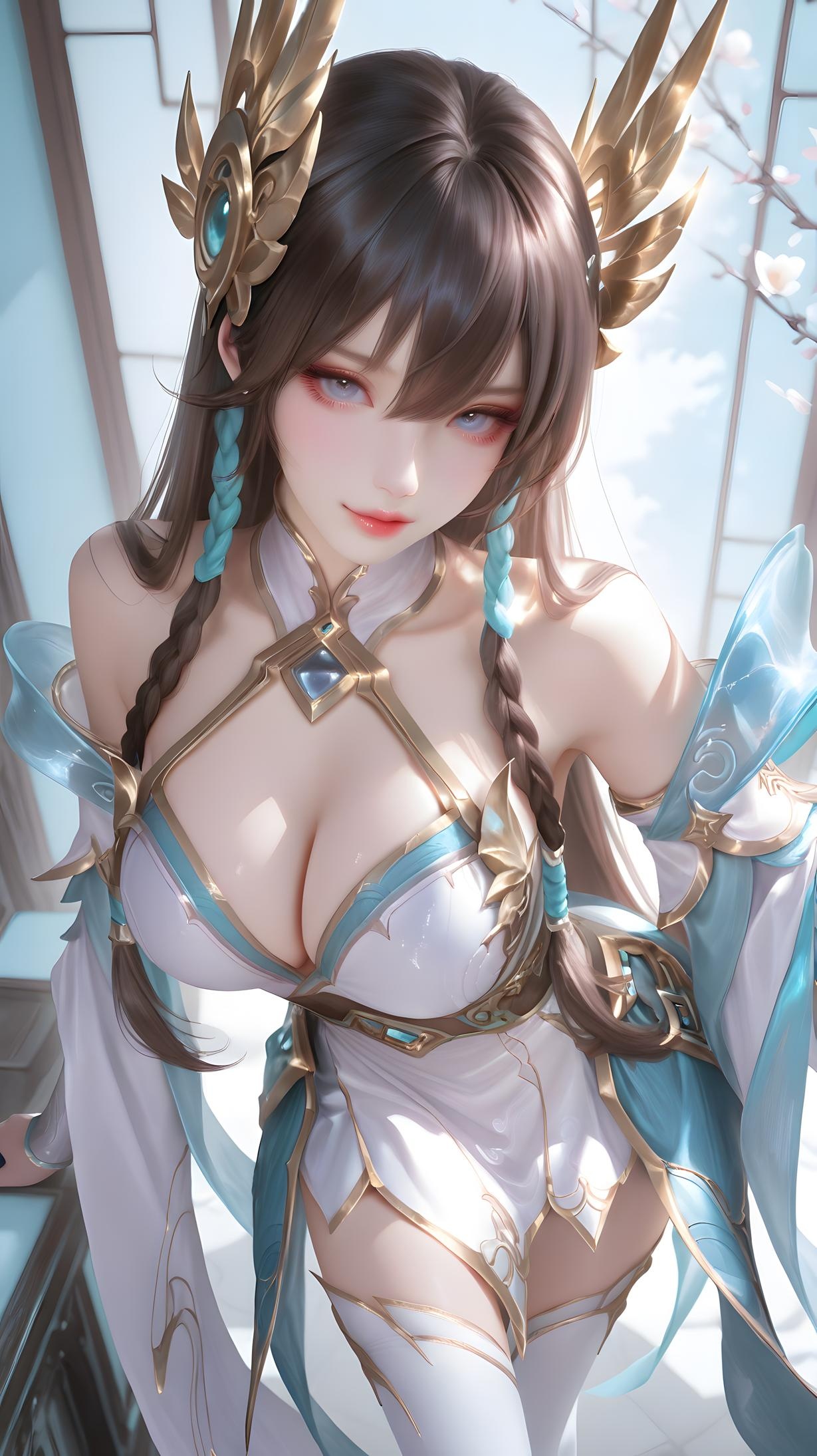 AI Generated Anime Girl - irelia：艾瑞莉娅白色长发蓝眼巨乳多角色 学生护士女仆兔郎体操服皮衣透明裸围裙 英雄联盟刀刃装诱惑 143P