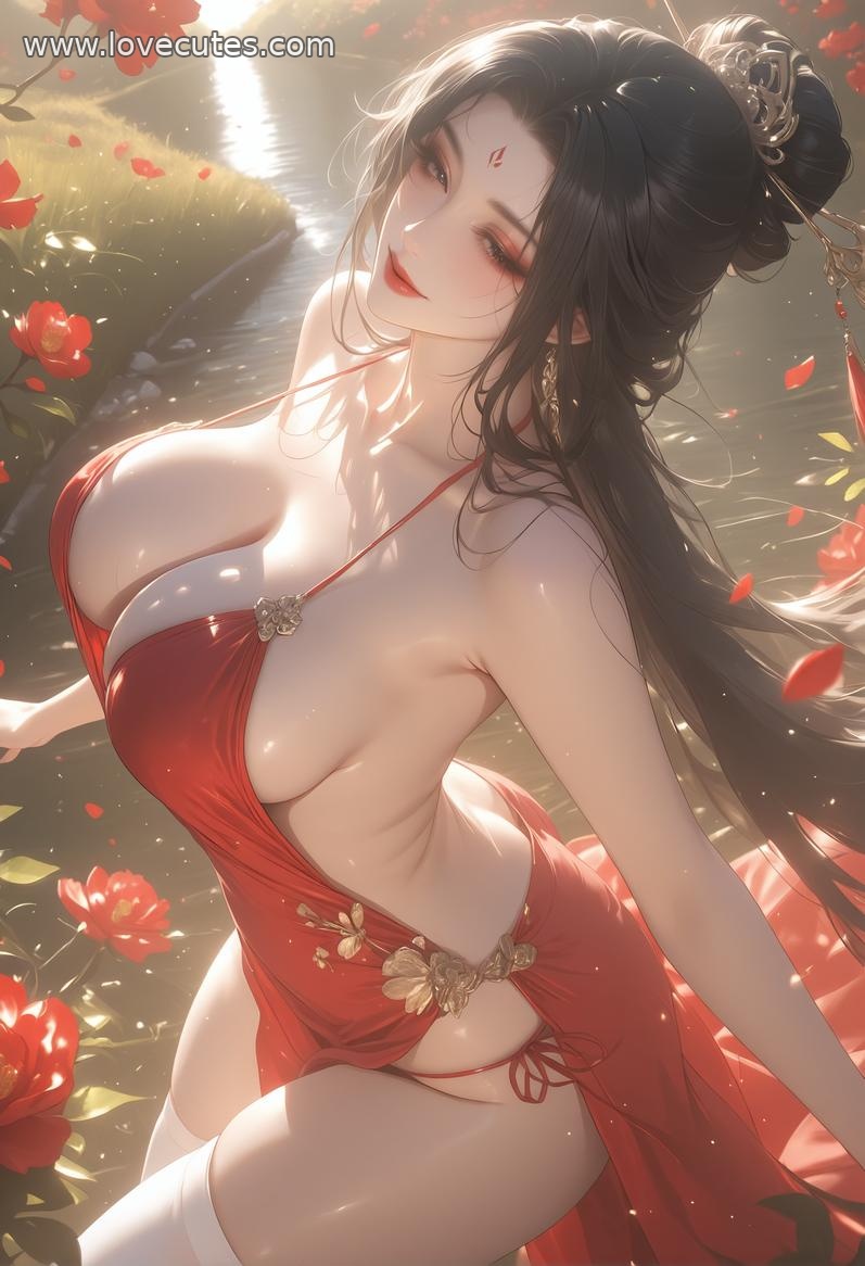 AI Generated Anime Girl - 西施：古风蓝发白皙肌肤 美胸蕾丝内衣撩人姿势 88P