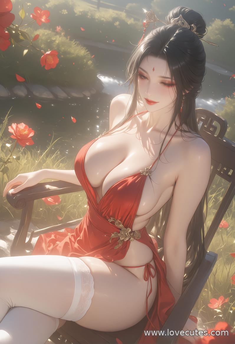 AI Generated Anime Girl - 西施：古风蓝发白皙肌肤 美胸蕾丝内衣撩人姿势 88P