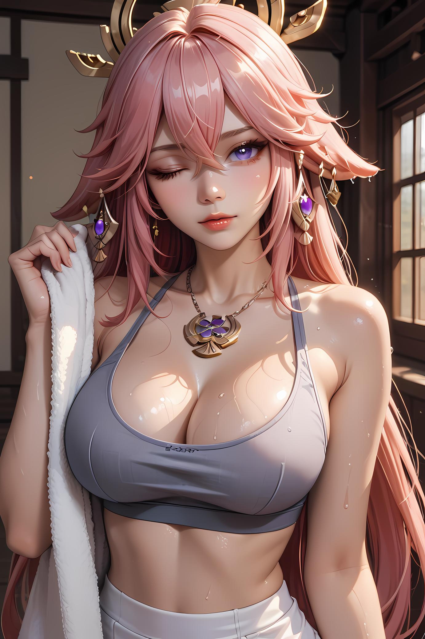 AI Generated Anime Girl - 原神 八重神子：粉发巨乳近景特写 28P