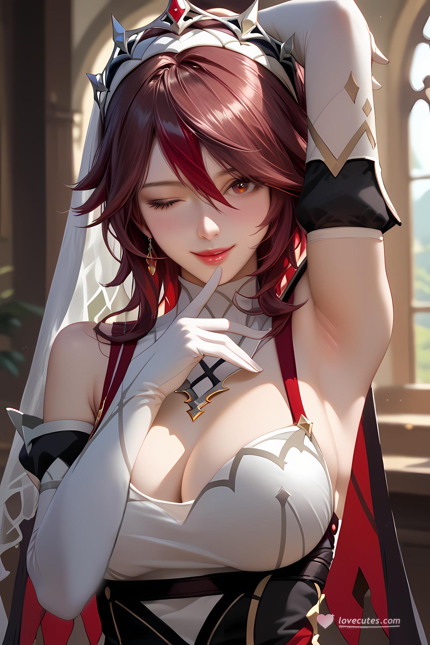 AI Generated Anime Girl - 原神 罗莎莉亚：酒红长发深V爆乳 28P