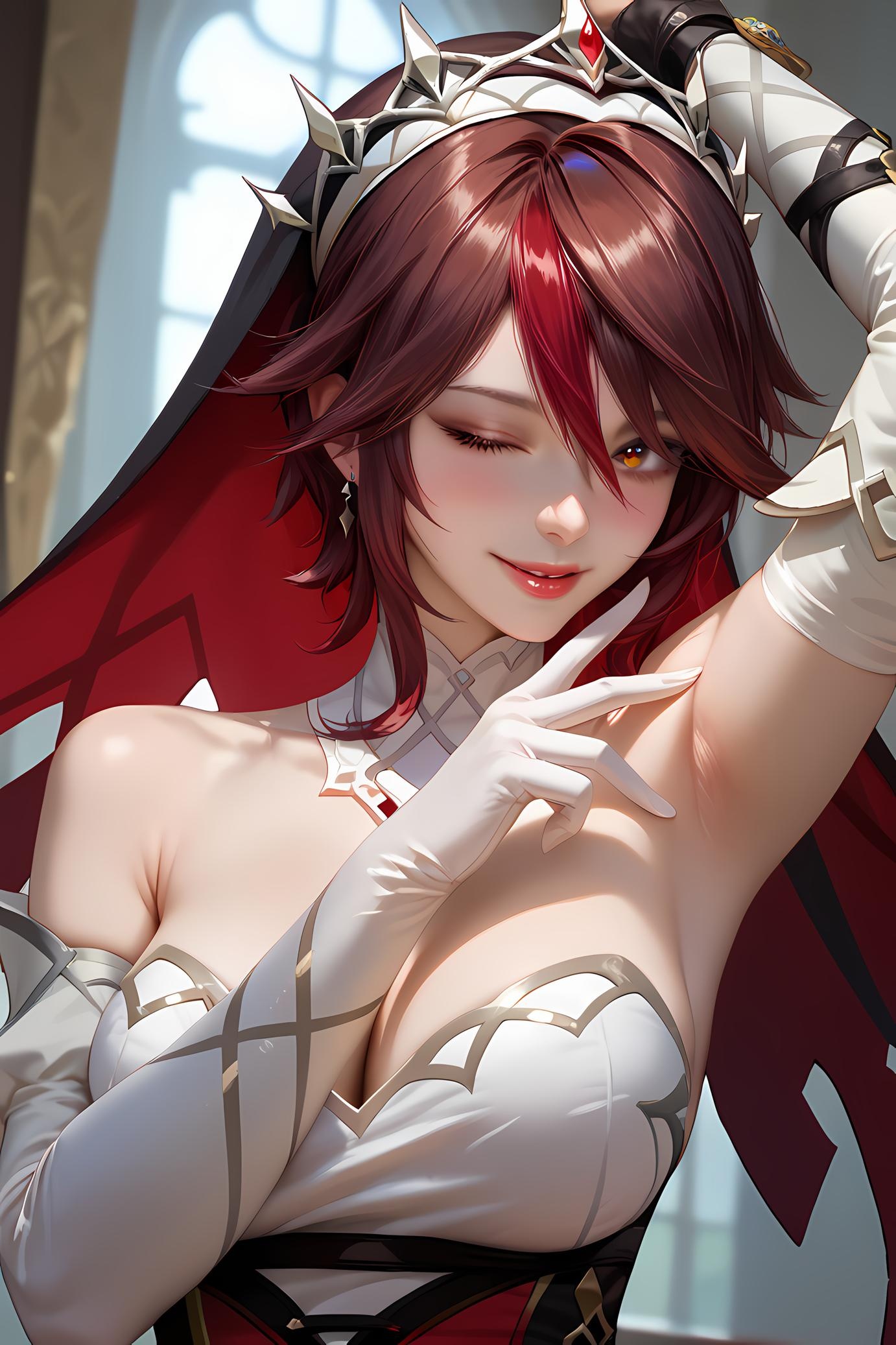 AI Generated Anime Girl - 原神 罗莎莉亚：酒红长发深V爆乳 28P