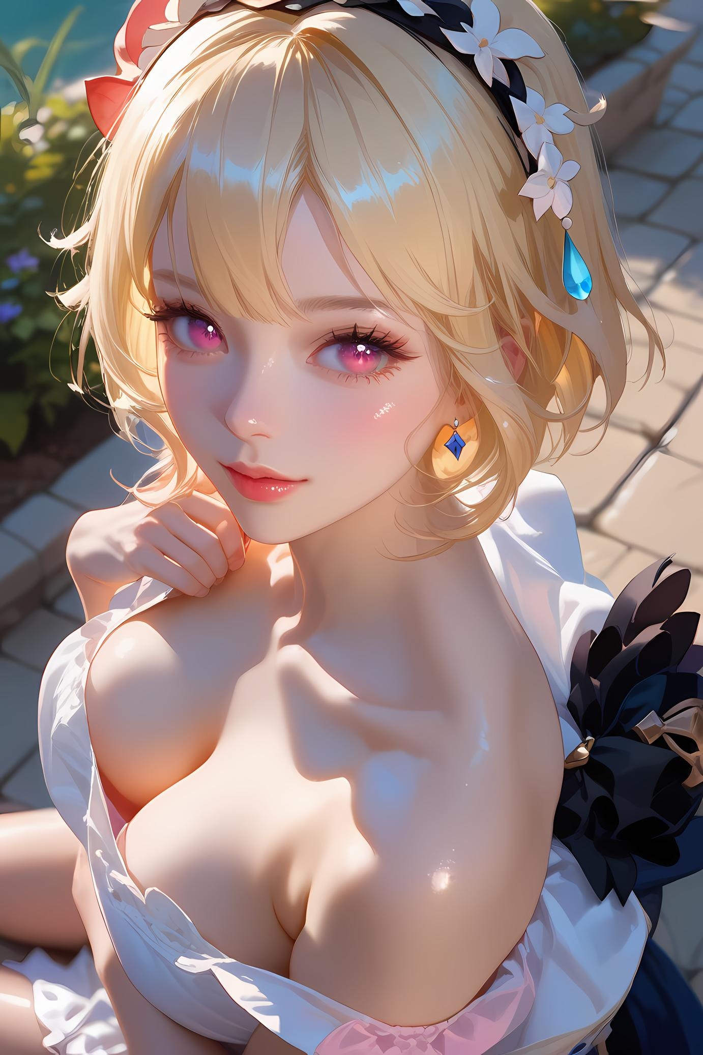 AI Generated Anime Girl - 原神 艾梅莉埃：金发花饰爆乳特写 31P