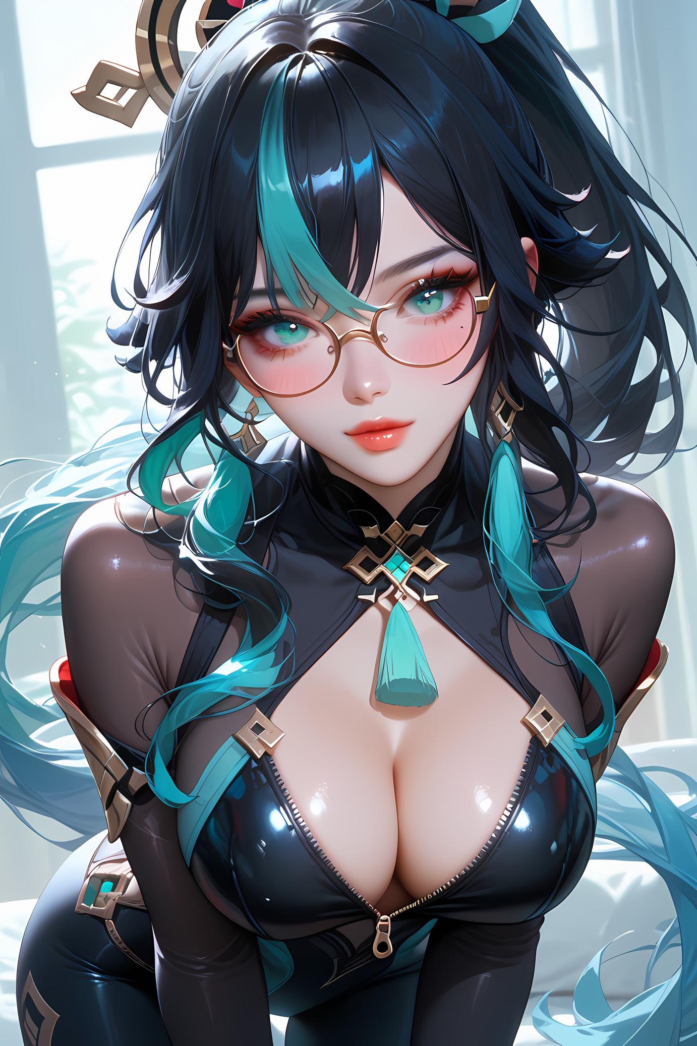 AI Generated Anime Girl - 原神 闲云：眼镜黑色泳装爆乳 24P