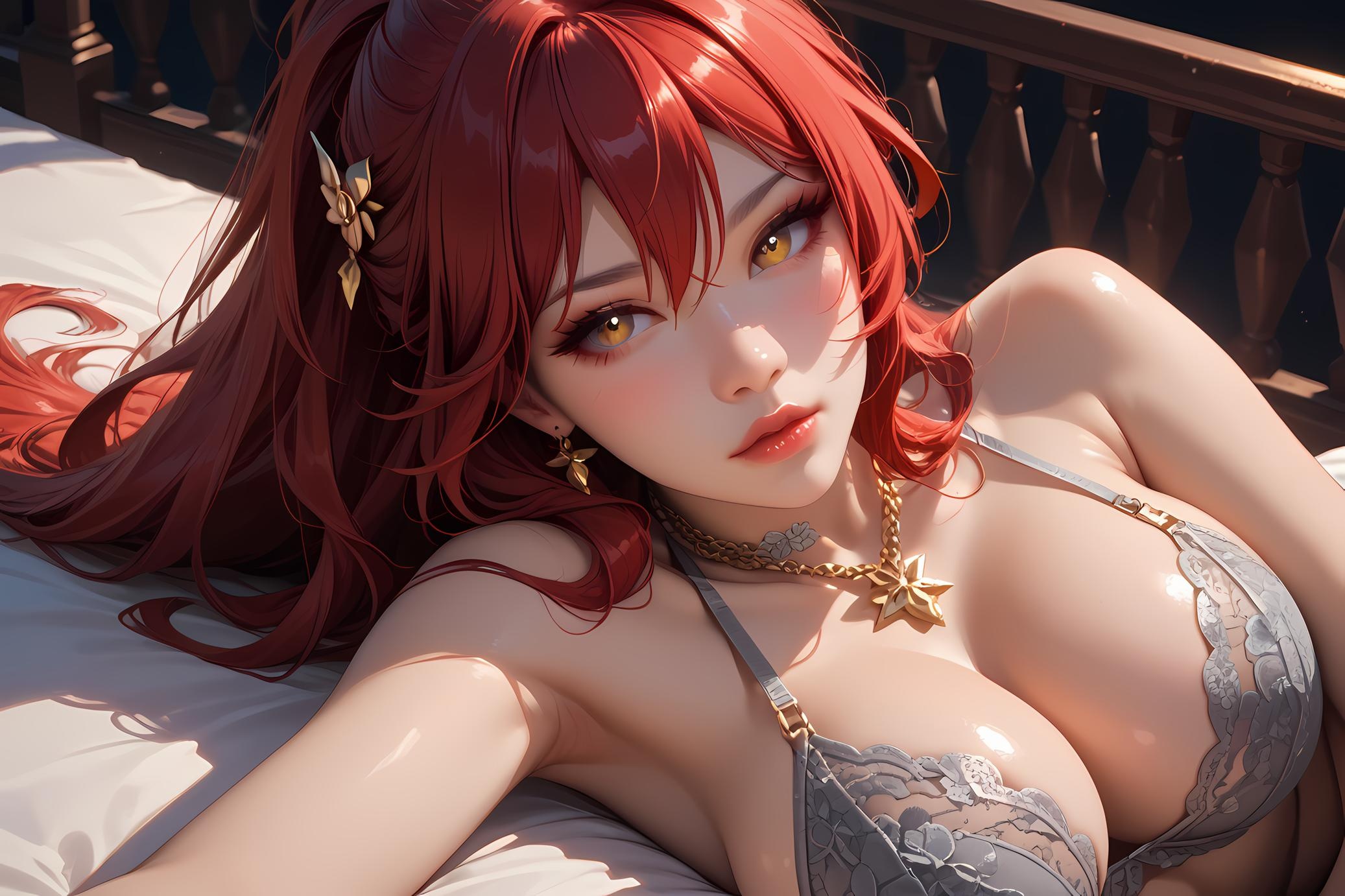 AI Generated Anime Girl - 崩坏星穹铁道 姬子：红发蕾丝内衣巨乳 84P