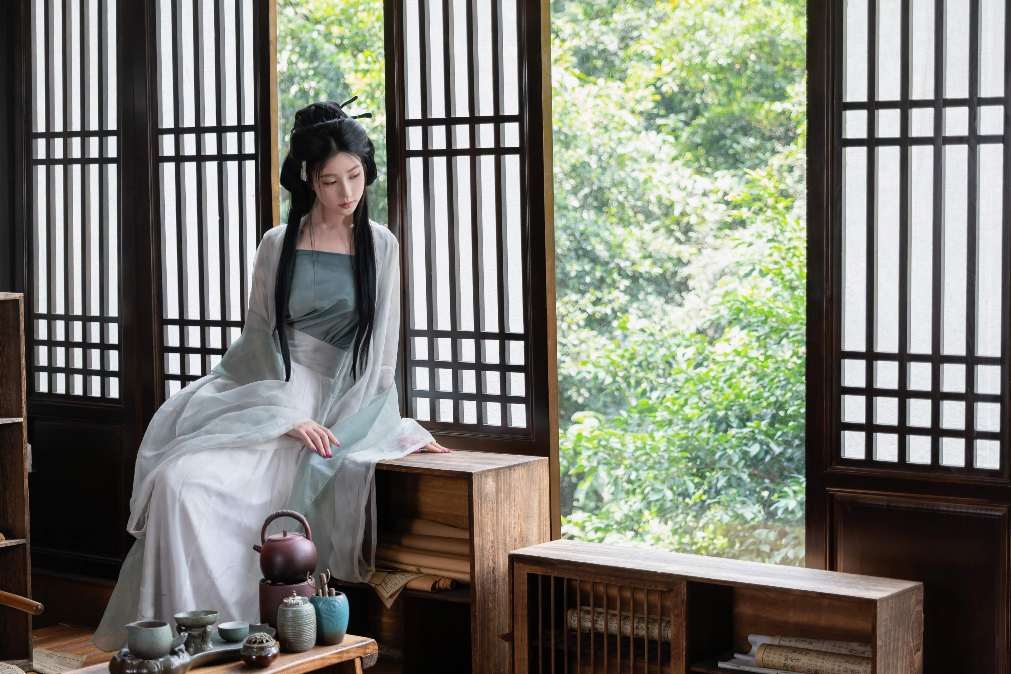 [写真] 年年Nnian - 浣溪沙：轻透薄纱汉服低胸美胸 木窗茶室古风 80P