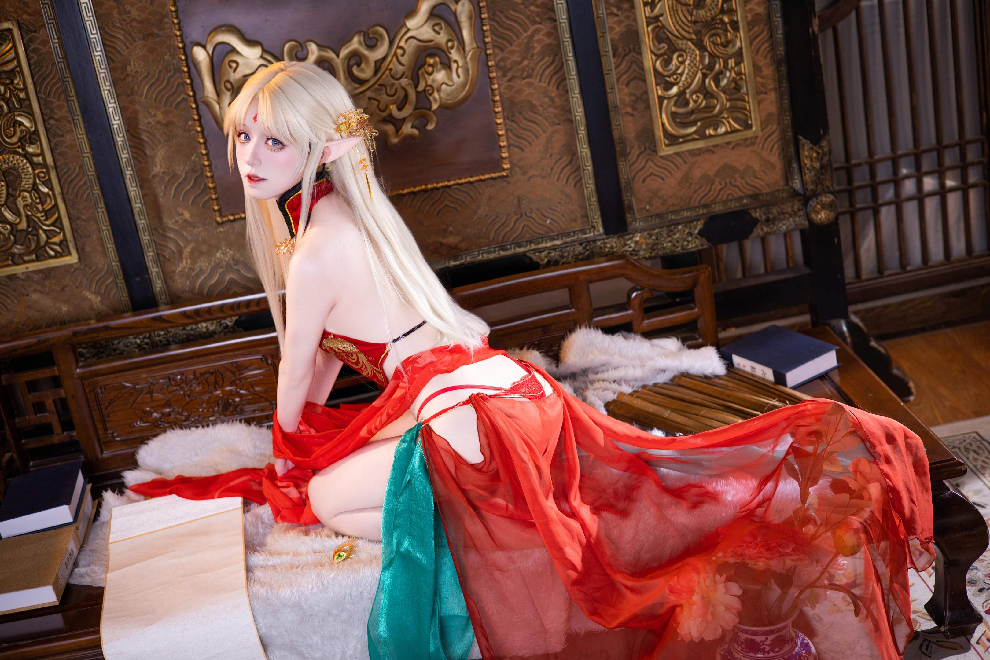 [cosplay] 双木扶苏 - 布雷斯特红古风：红金礼装精灵耳 美腿翘臀中式还原 45P