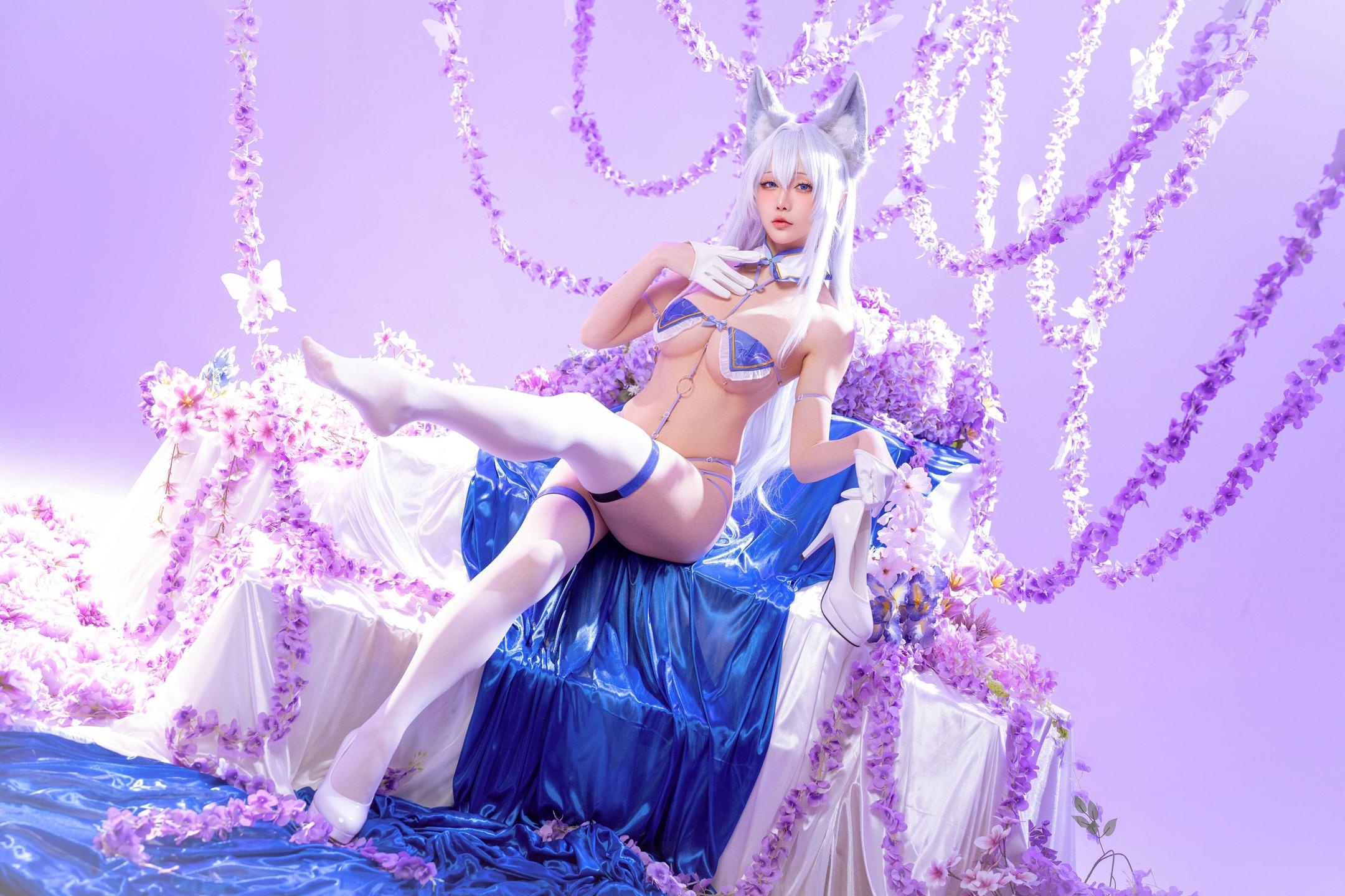 [cosplay] 星之迟迟Hoshilily - 碧蓝航线 信浓：狐耳白发蓝白礼装 白丝巨乳还原 60P