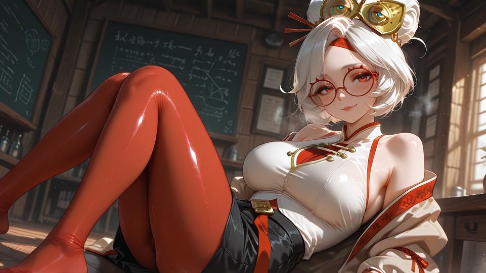 AI Generated Anime Girl - 塞尔达传说 普尔亚：眼镜白衬衫巨乳黑裙 丝袜翘臀 168P