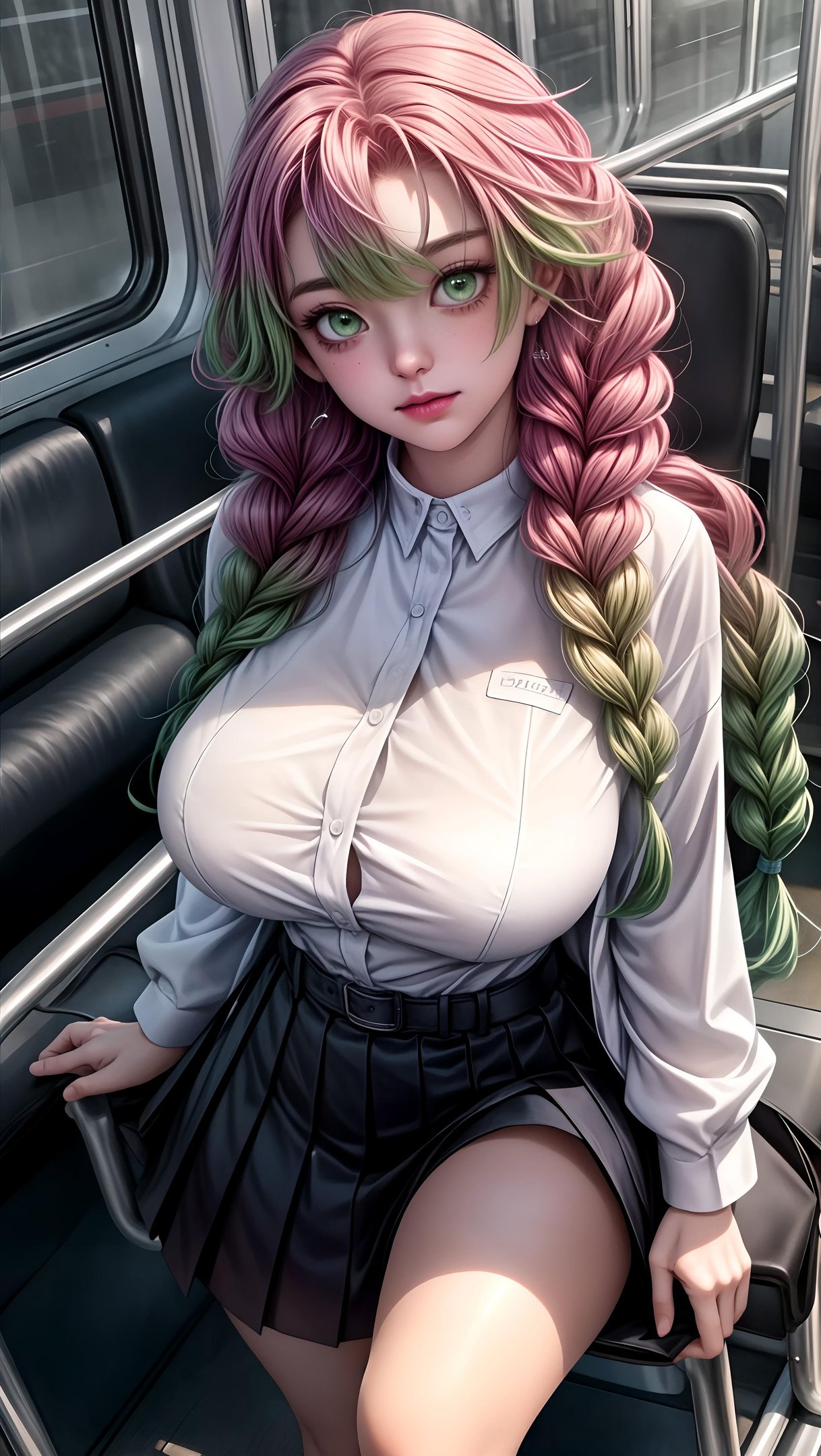 AI Generated Anime Girl - 鬼灭之刃 甘露寺蜜璃：粉绿长辫爆乳露点 温泉比基尼瑜伽裤 51P