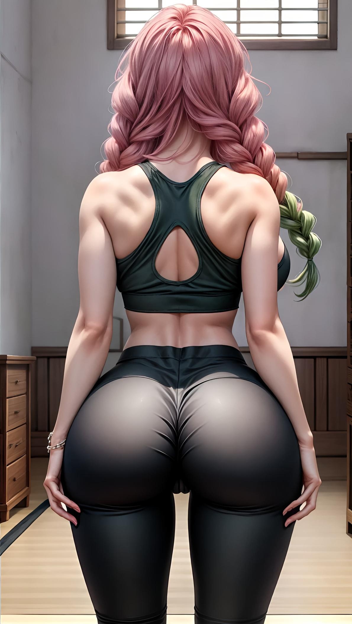 AI Generated Anime Girl - 鬼灭之刃 甘露寺蜜璃：粉绿长辫爆乳露点 温泉比基尼瑜伽裤 51P