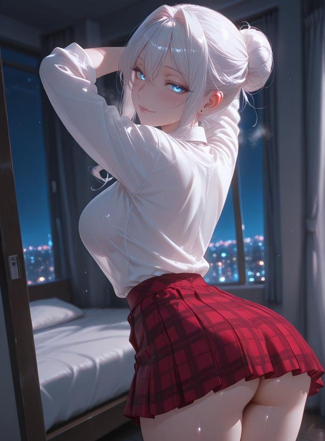 AI สร้างอนิเมะสาว - สการ์เลต เอล แวนดิมิออน: ชุดนักเรียน เสื้อเชิ้ตขาว หน้าอกใหญ่ กระโปรงแดง เซลฟี่หน้ากระจก 162P