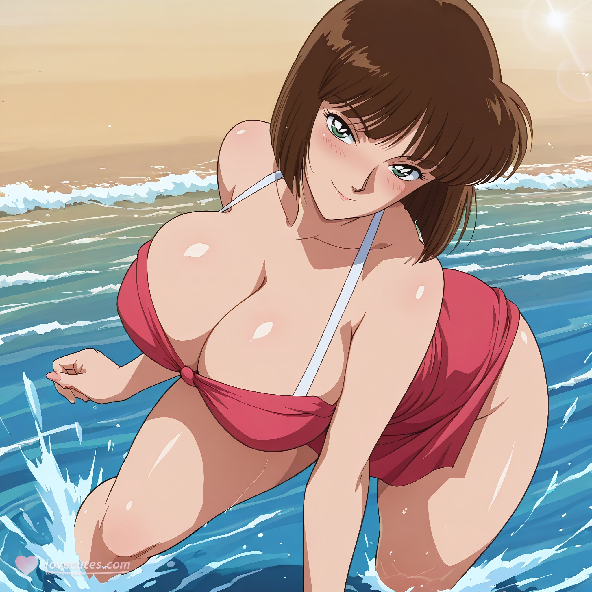 AI Generated Anime Girl - 名侦探柯南 佐山明子：海边湿身爆乳露穴 蓝绿泳裙 72P
