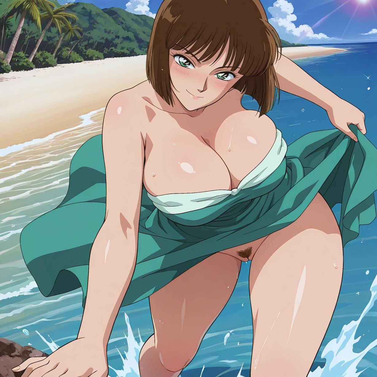 AI Generated Anime Girl - 名侦探柯南 佐山明子：海边湿身爆乳露穴 蓝绿泳裙 72P