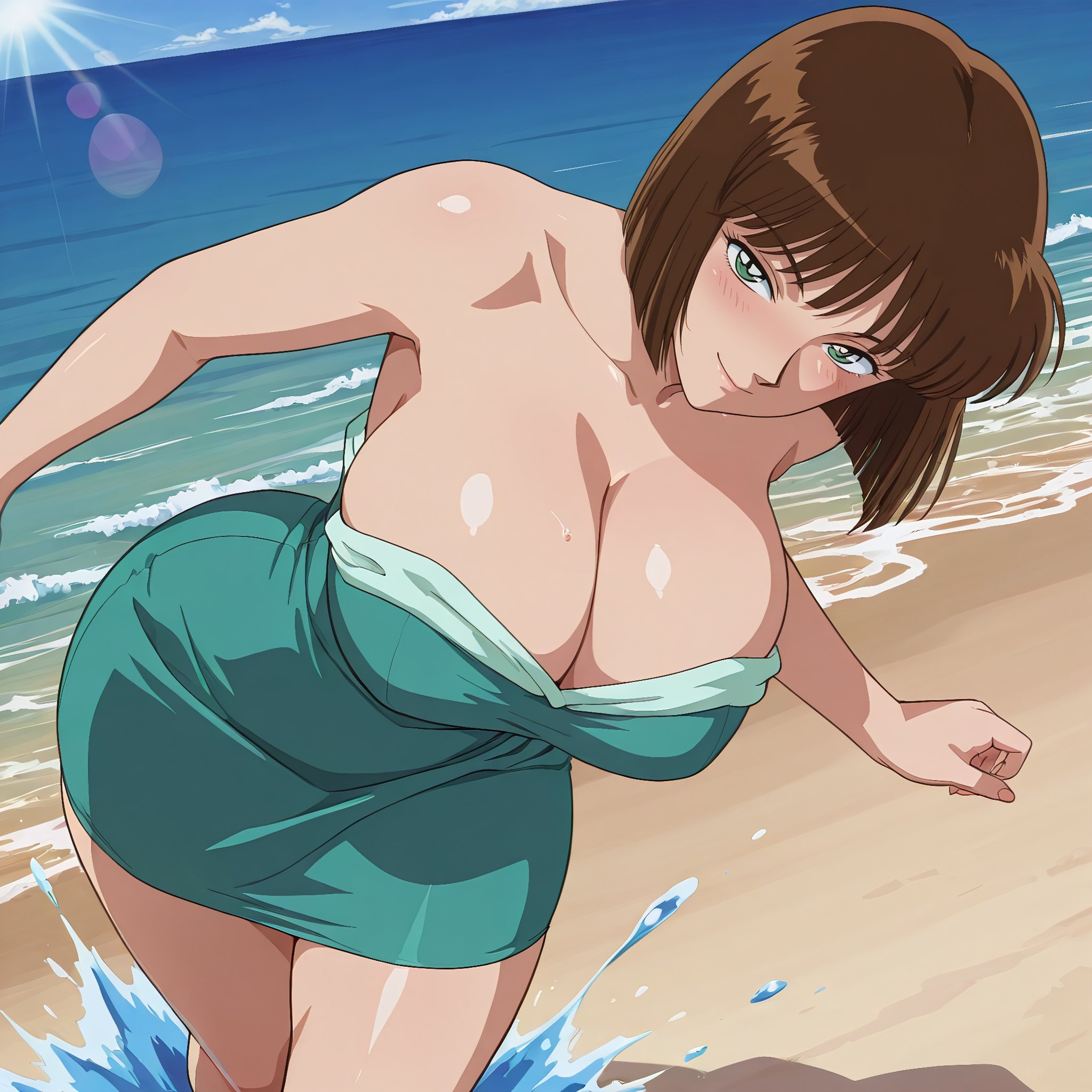 AI Generated Anime Girl - 名侦探柯南 佐山明子：海边湿身爆乳露穴 蓝绿泳裙 72P