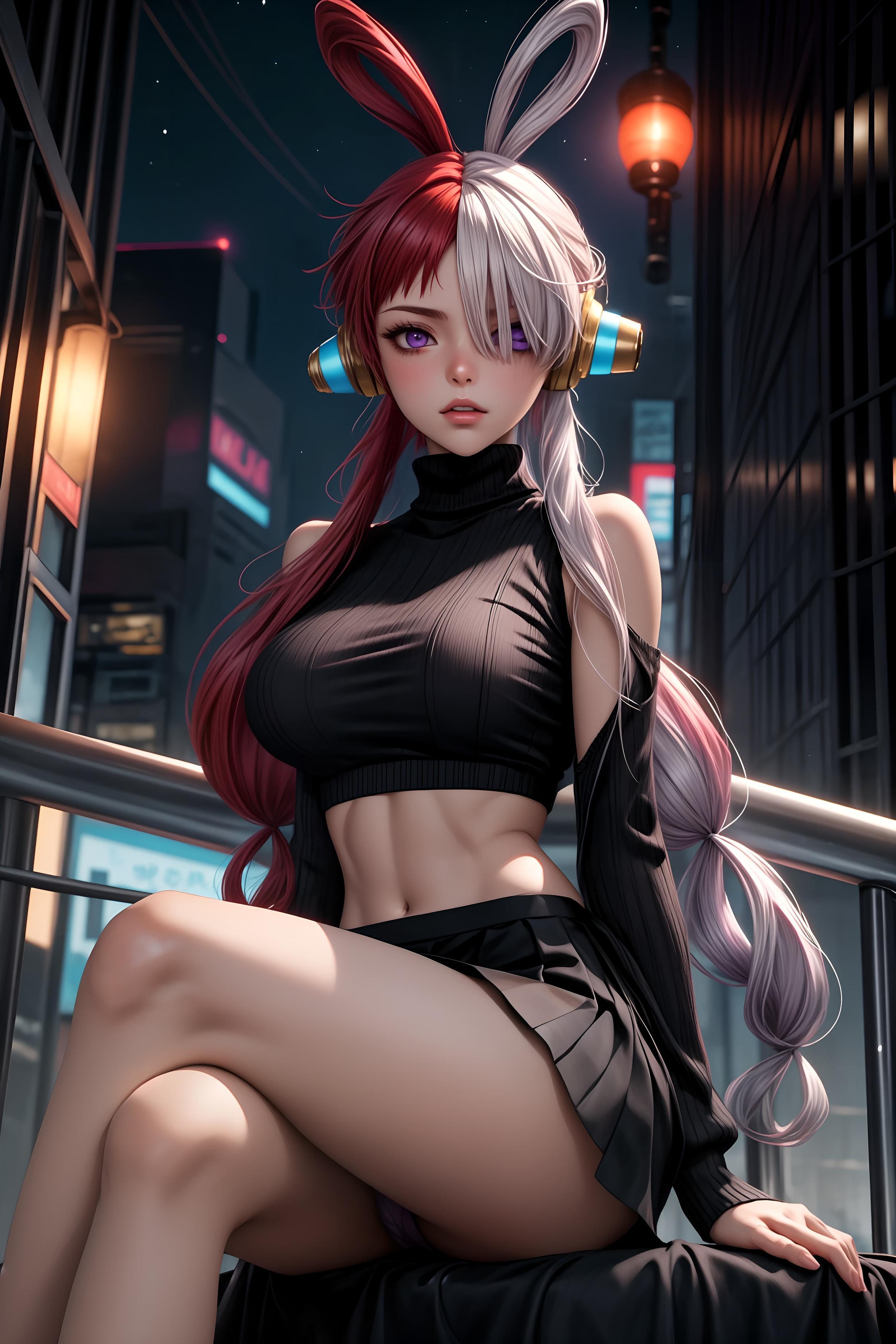 AI Generated Anime Girl - 海贼王 乌塔：红白双发耳机爆乳露点 比基尼捆绑 48P