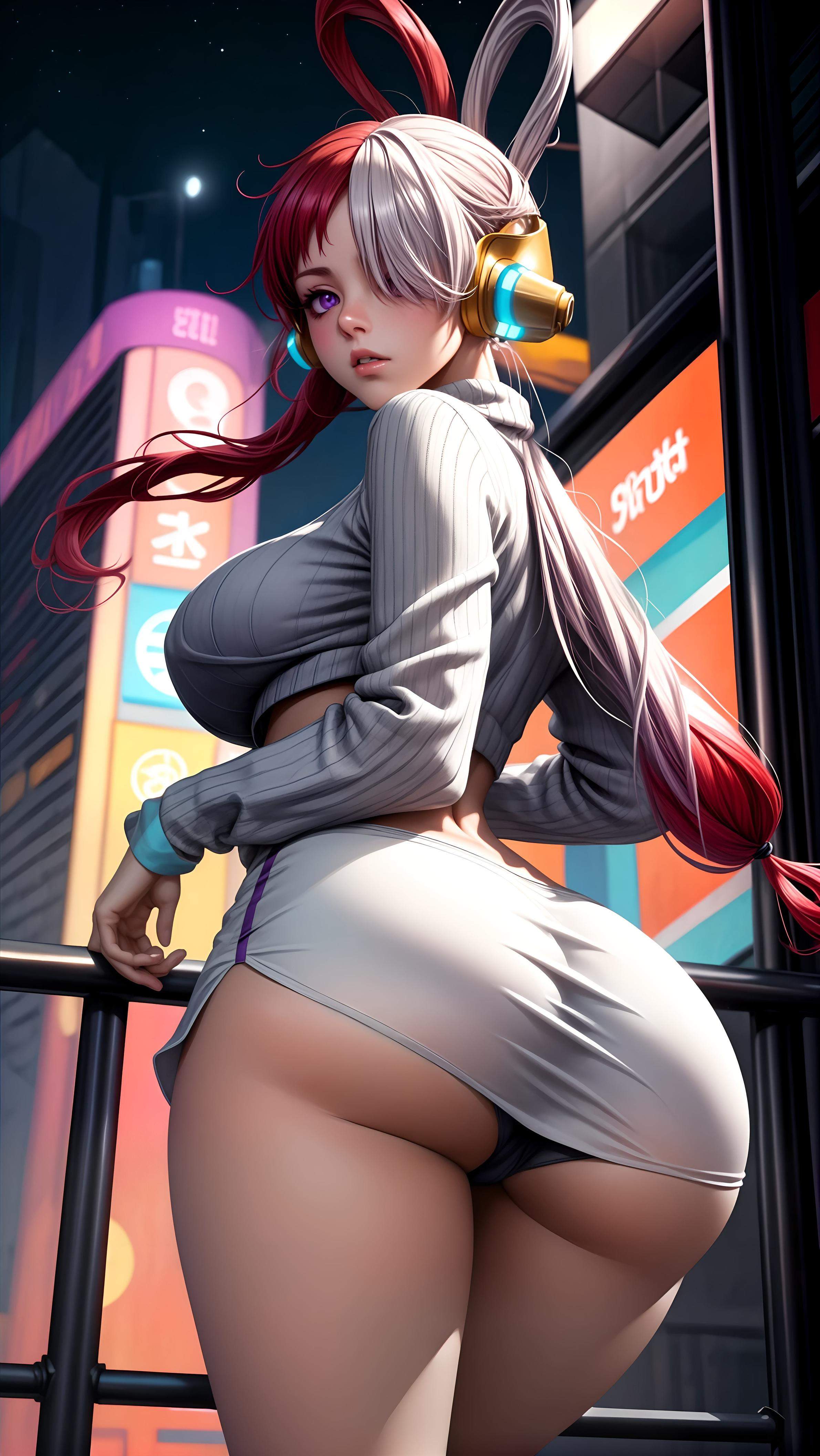 AI Generated Anime Girl - 海贼王 乌塔：红白双发耳机爆乳露点 比基尼捆绑 48P