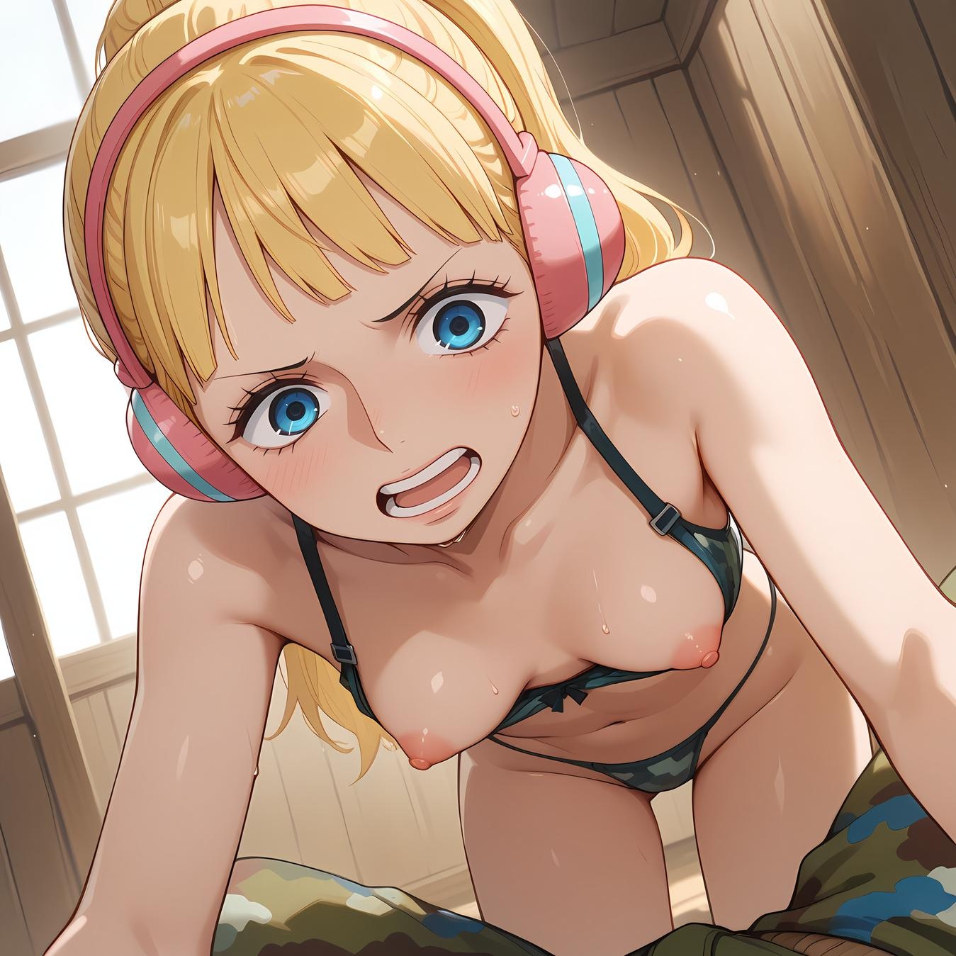 AI Generated Anime Girl - 海贼王 云雀：金发耳机比基尼爆乳露点 迷彩下装露穴 42P