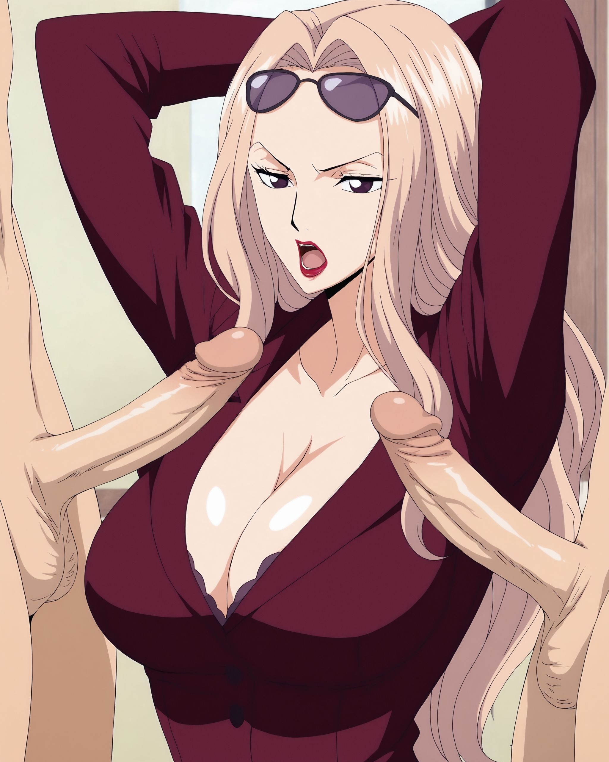 'AI สร้างสาวอนิเมะ - 海贼王 日奈：ชุดสูทสีแดงไวน์ หน้าอกใหญ่ โชว์ร่อง 225P'