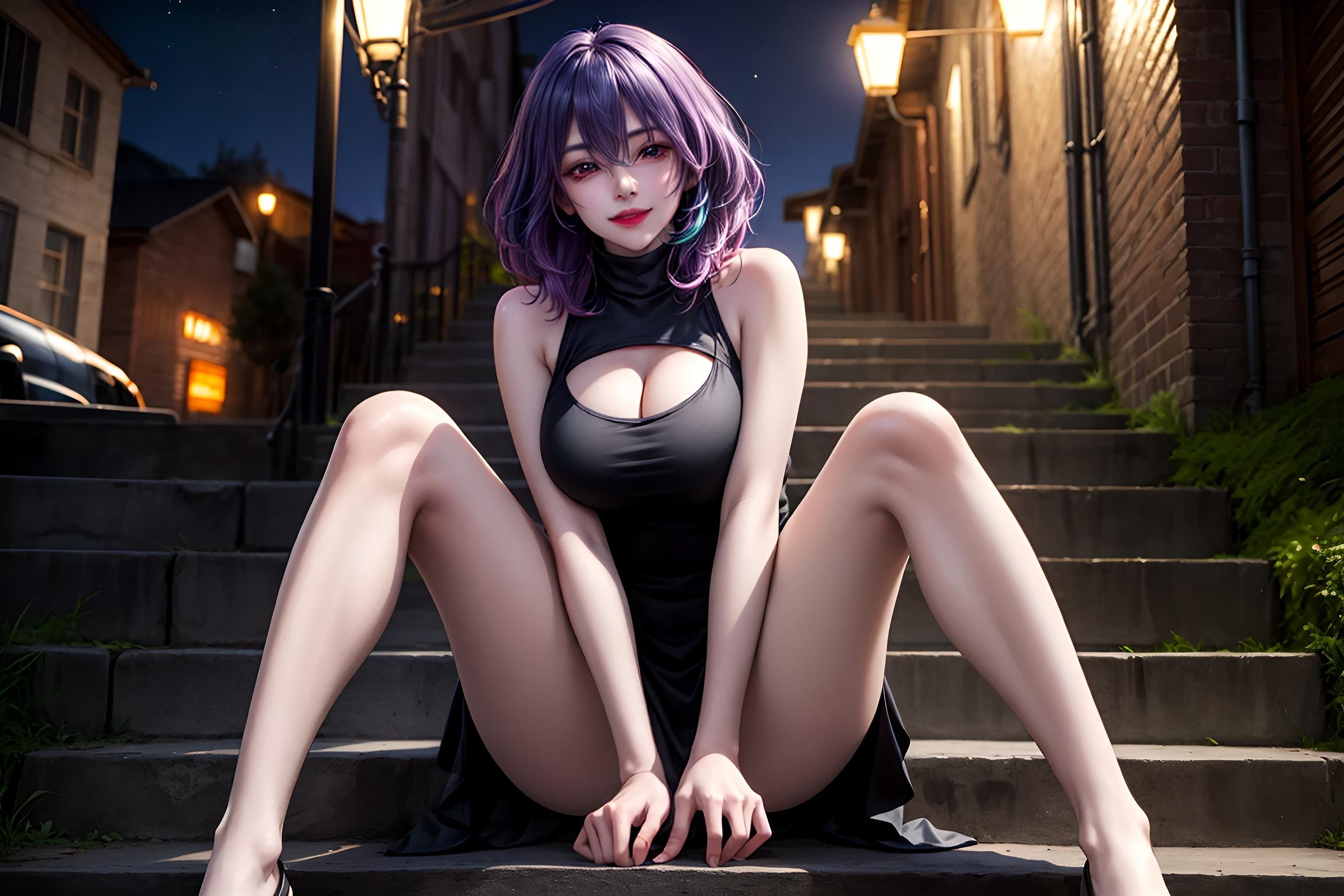 AI Generated Anime Girl - Vermeil：夜巷捆绑巨乳翘臀 黑发美腿 63P