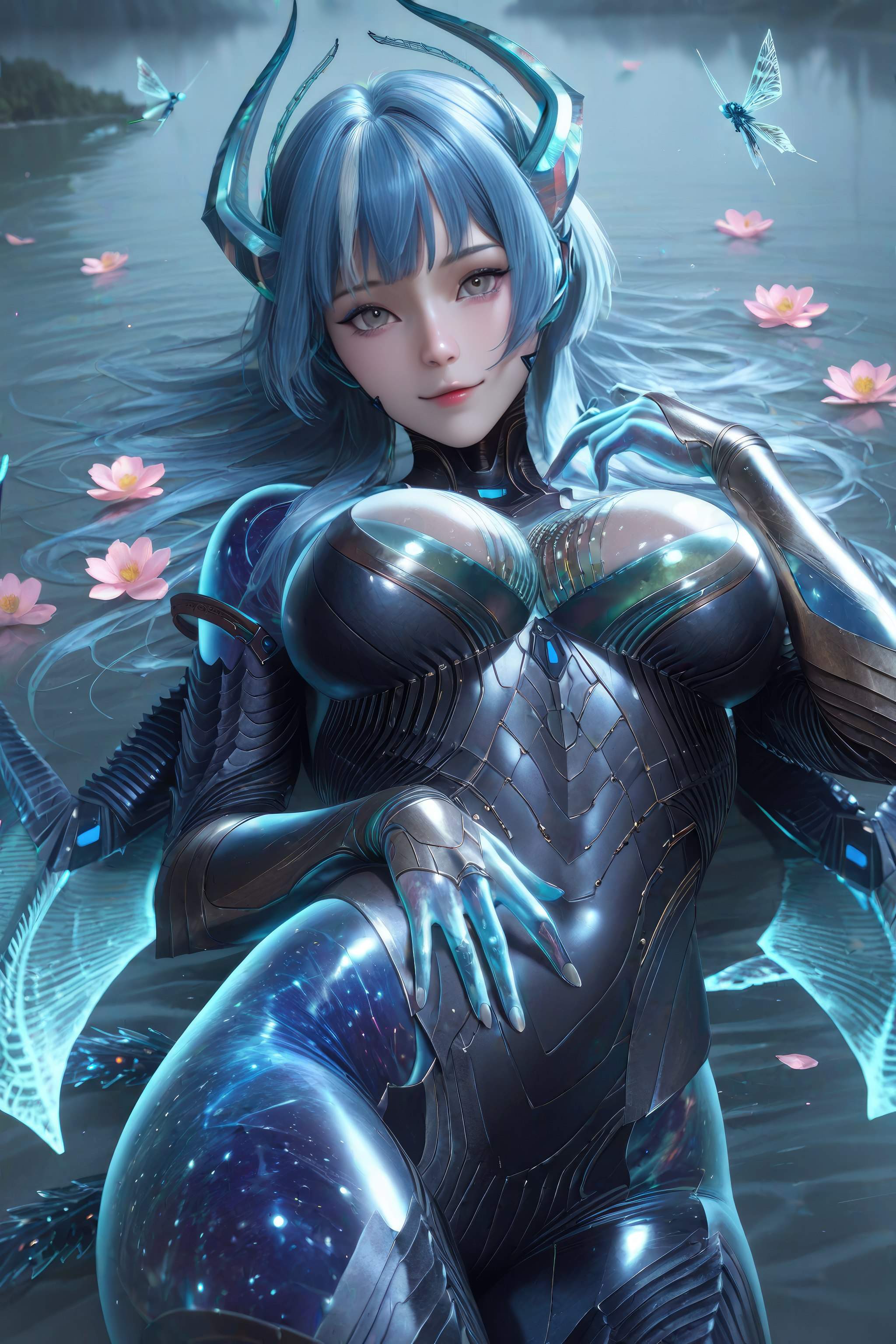 AI Generated Anime Girl - 吞噬星空 巴巴塔：蓝发龙角机甲巨乳 龙翼露穴 999P