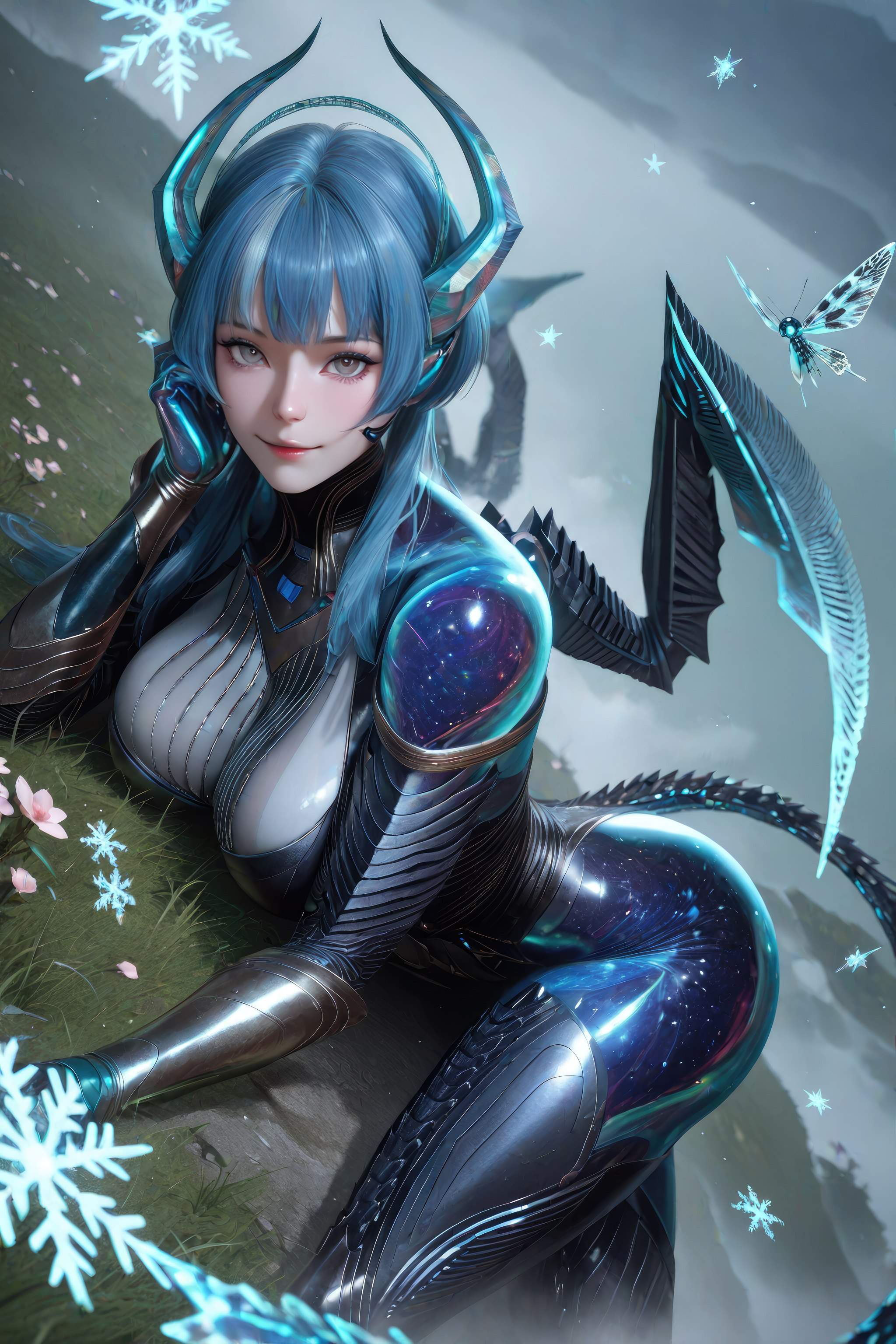 AI Generated Anime Girl - 吞噬星空 巴巴塔：蓝发龙角机甲巨乳 龙翼露穴 999P