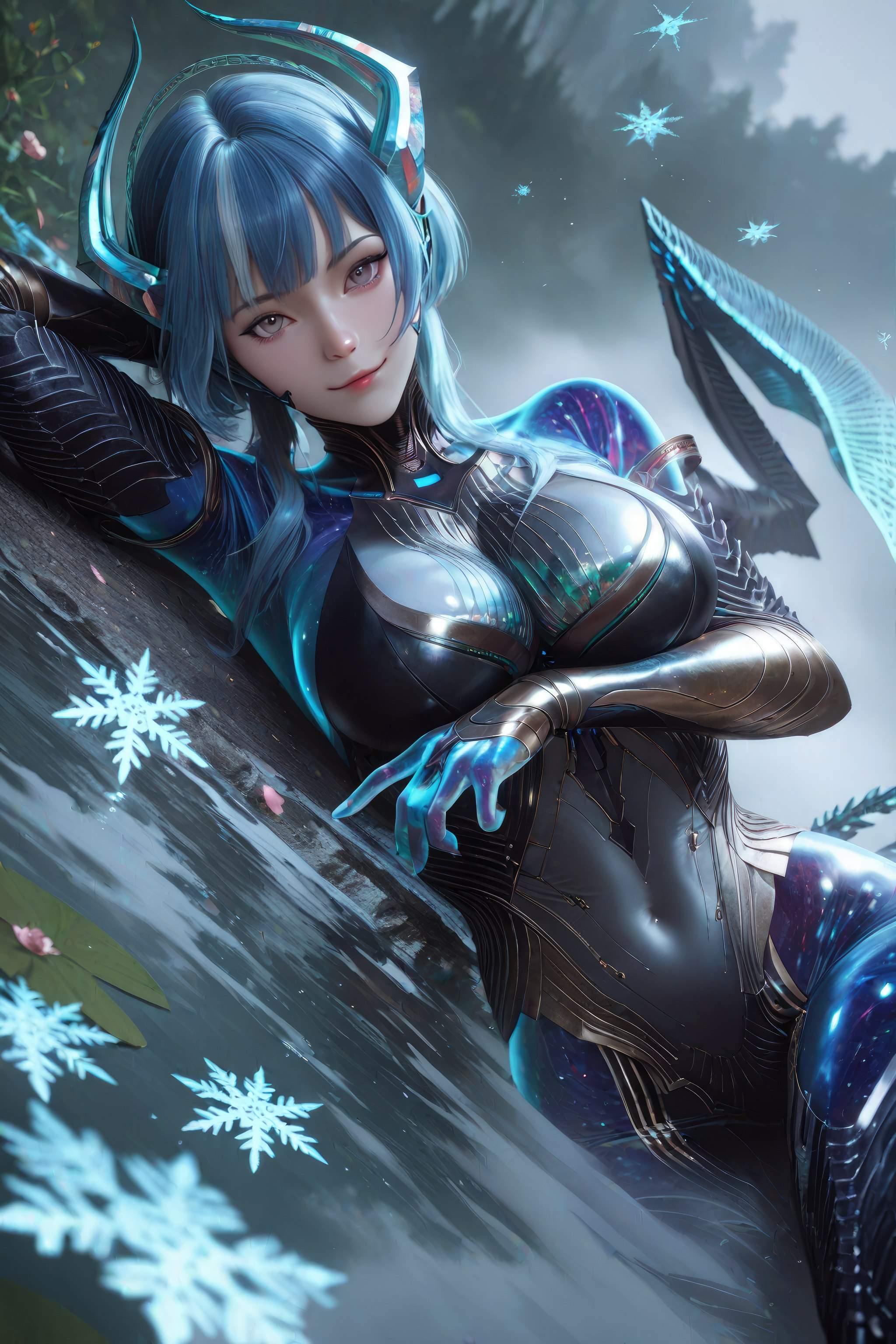 AI Generated Anime Girl - 吞噬星空 巴巴塔：蓝发龙角机甲巨乳 龙翼露穴 999P