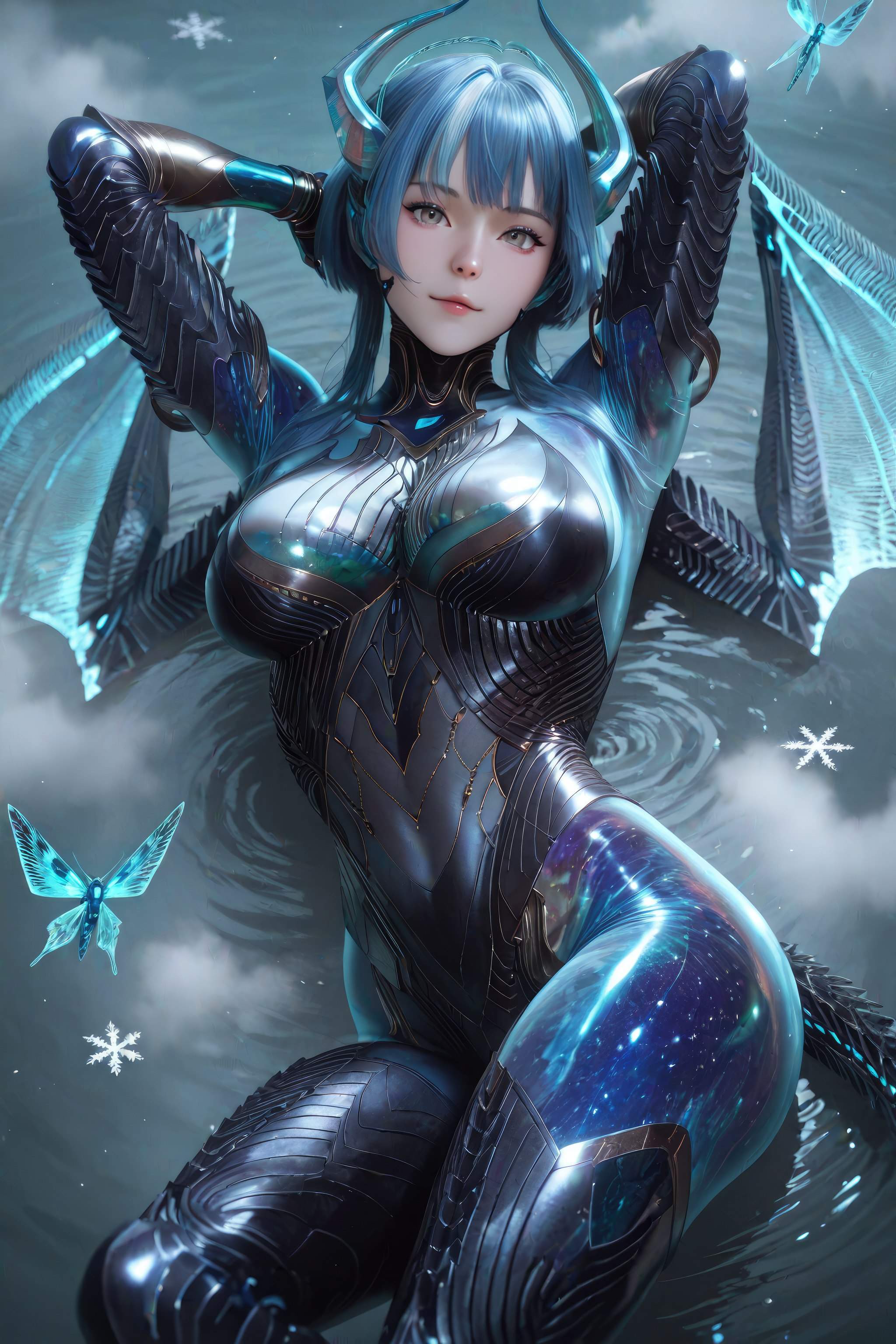 AI Generated Anime Girl - 吞噬星空 巴巴塔：蓝发龙角机甲巨乳 龙翼露穴 999P