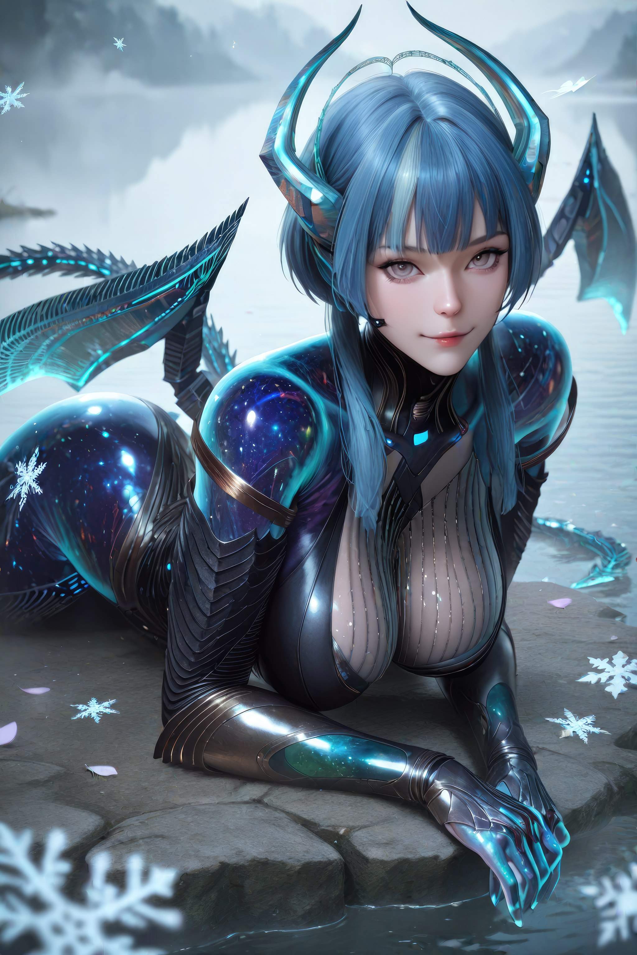 AI Generated Anime Girl - 吞噬星空 巴巴塔：蓝发龙角机甲巨乳 龙翼露穴 999P